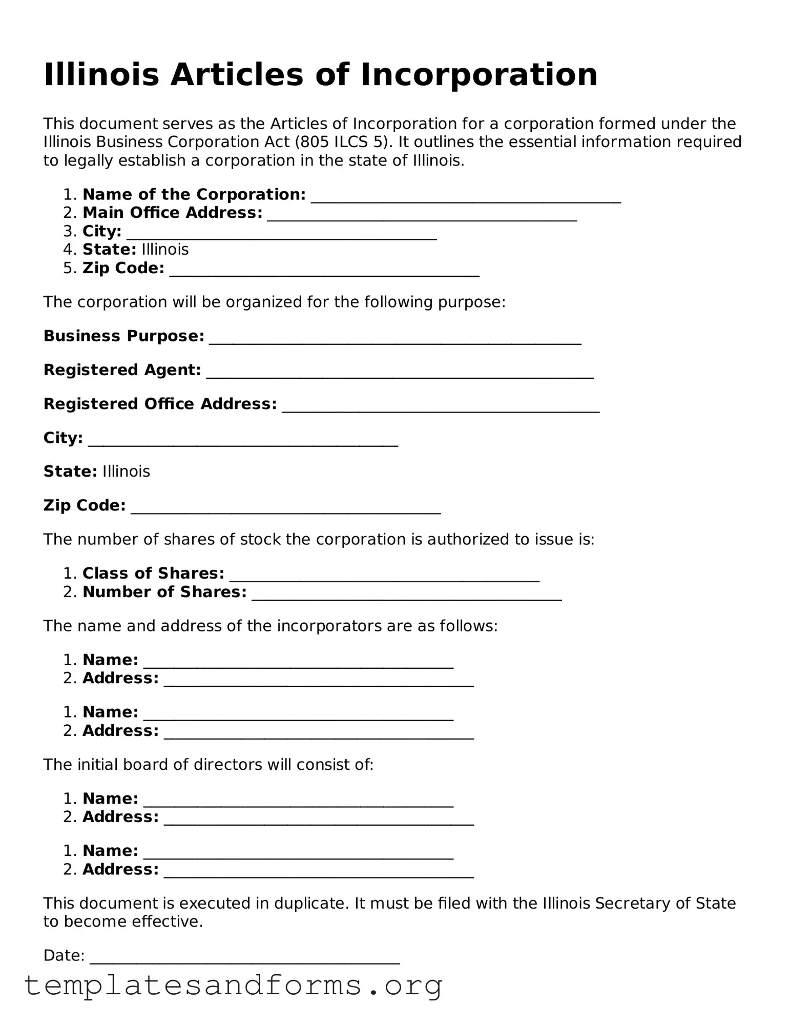 Free Articles of Incorporation Form for the State of Illinois