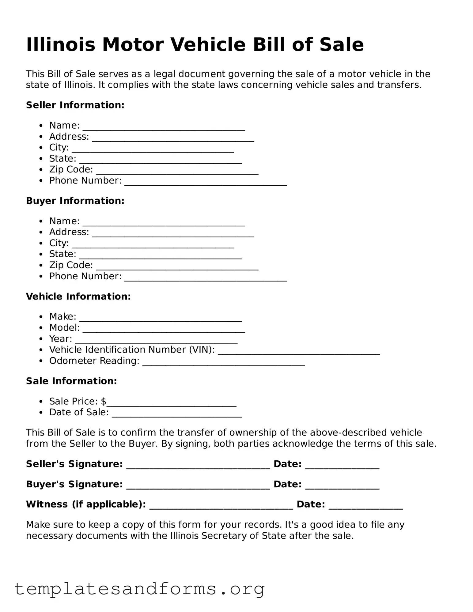 Free Motor Vehicle Bill of Sale Form for the State of Illinois