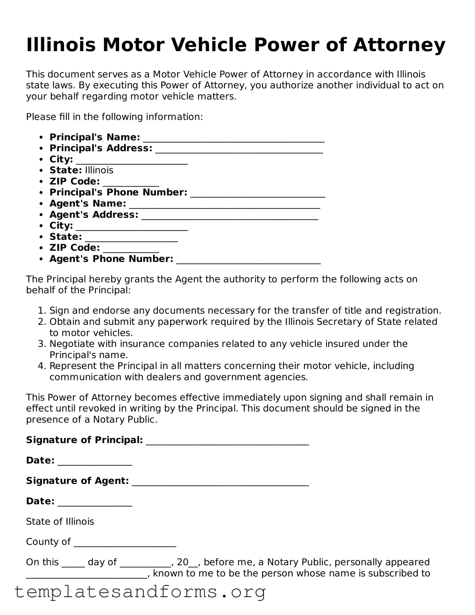 Free Motor Vehicle Power of Attorney Form for the State of Illinois