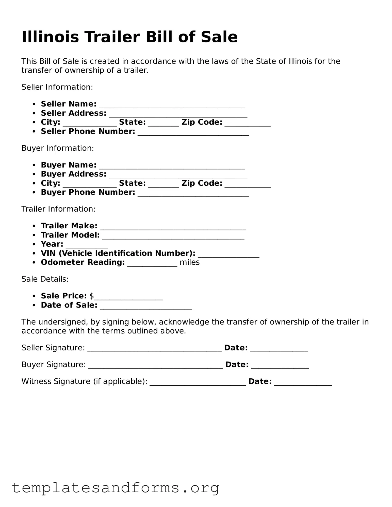 Free Trailer Bill of Sale Form for the State of Illinois