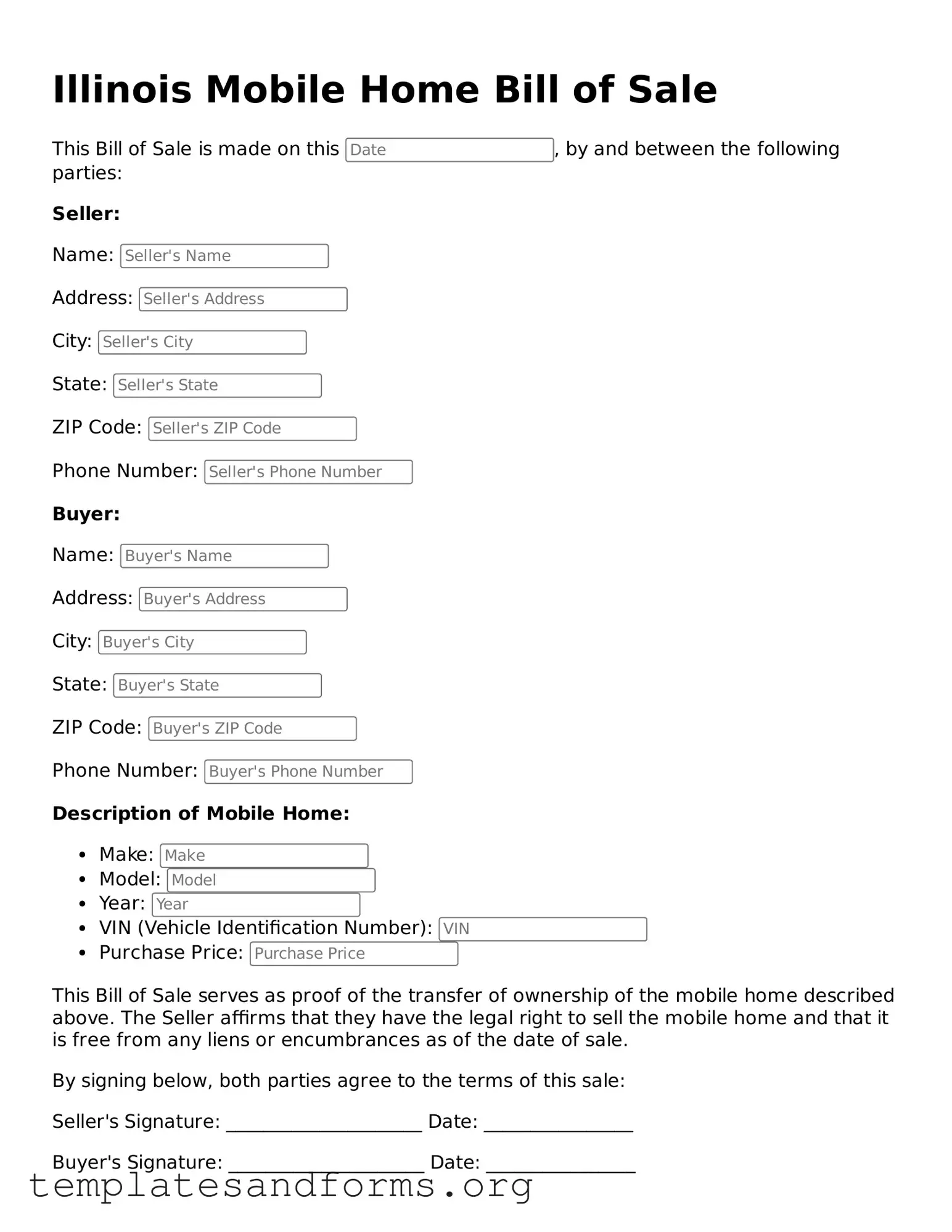 Free Mobile Home Bill of Sale Form for the State of Illinois