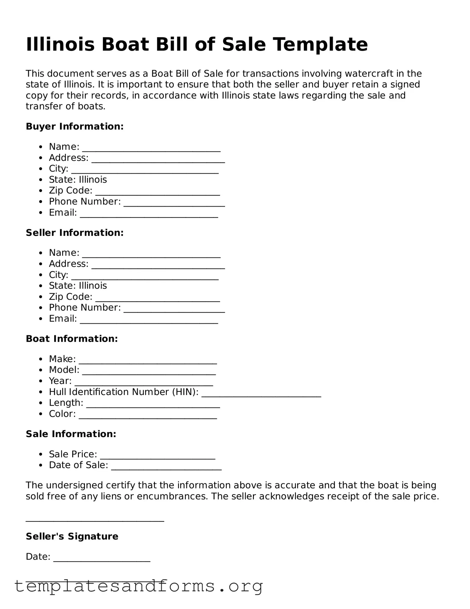Free Boat Bill of Sale Form for the State of Illinois