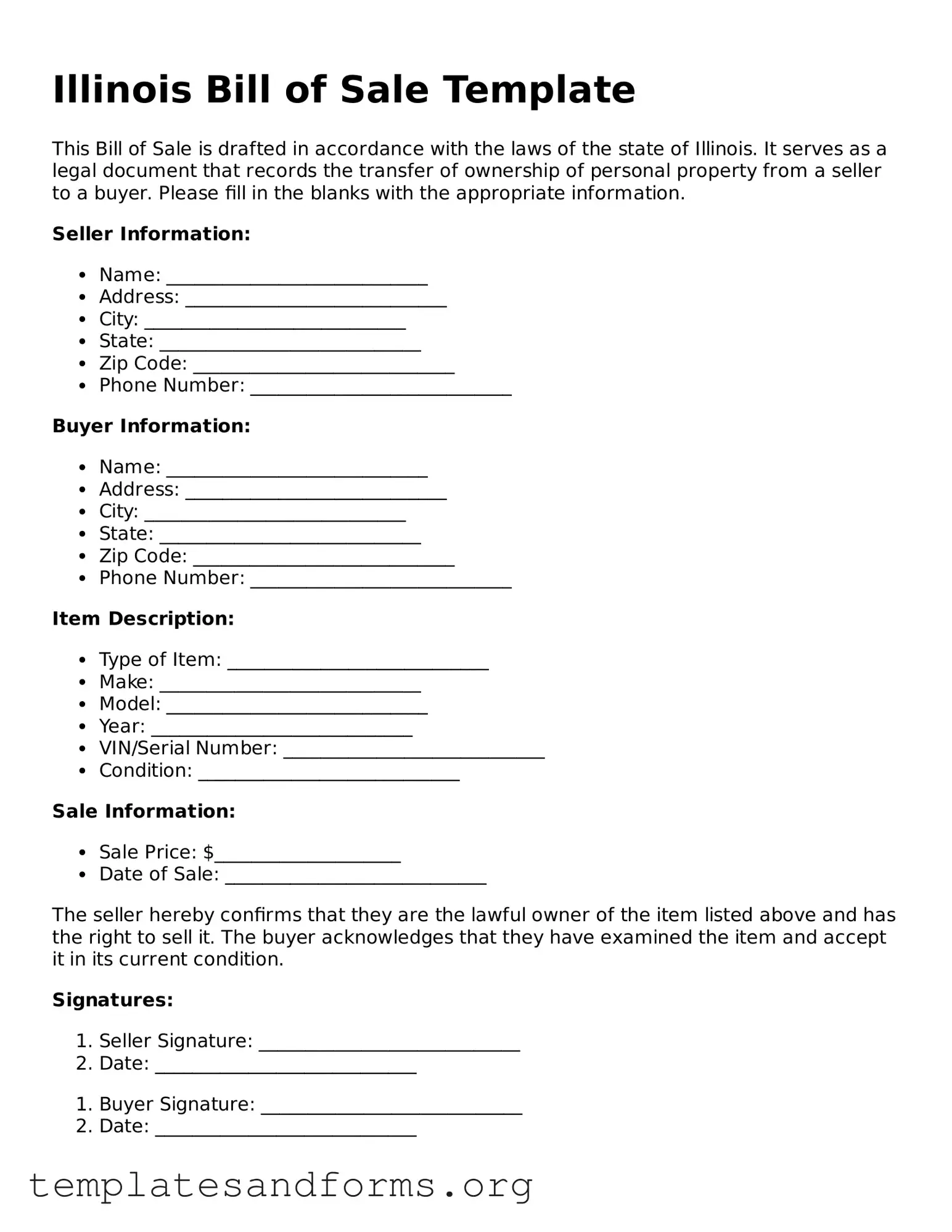 Free Bill of Sale Form for the State of Illinois
