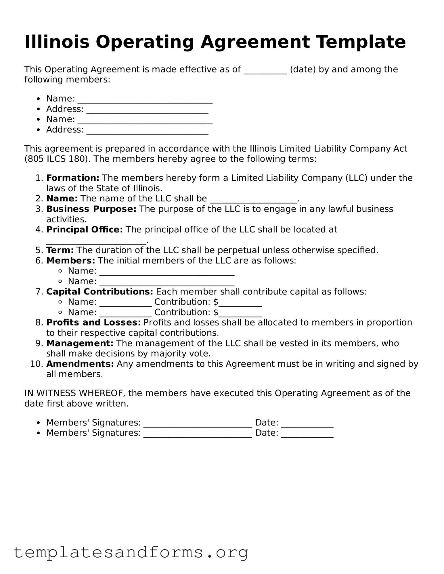 Free Operating Agreement Form for the State of Illinois