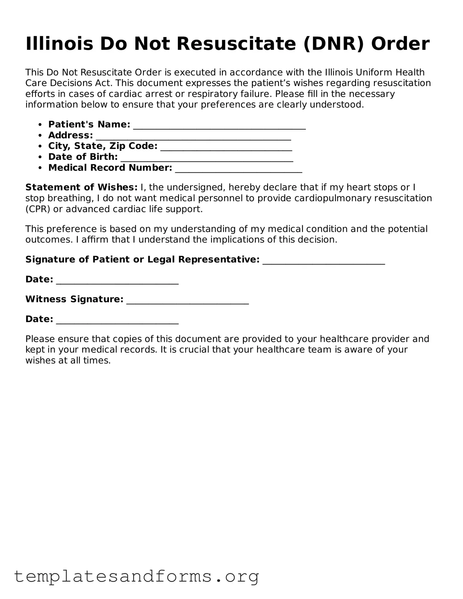 Free Do Not Resuscitate Order Form for the State of Illinois
