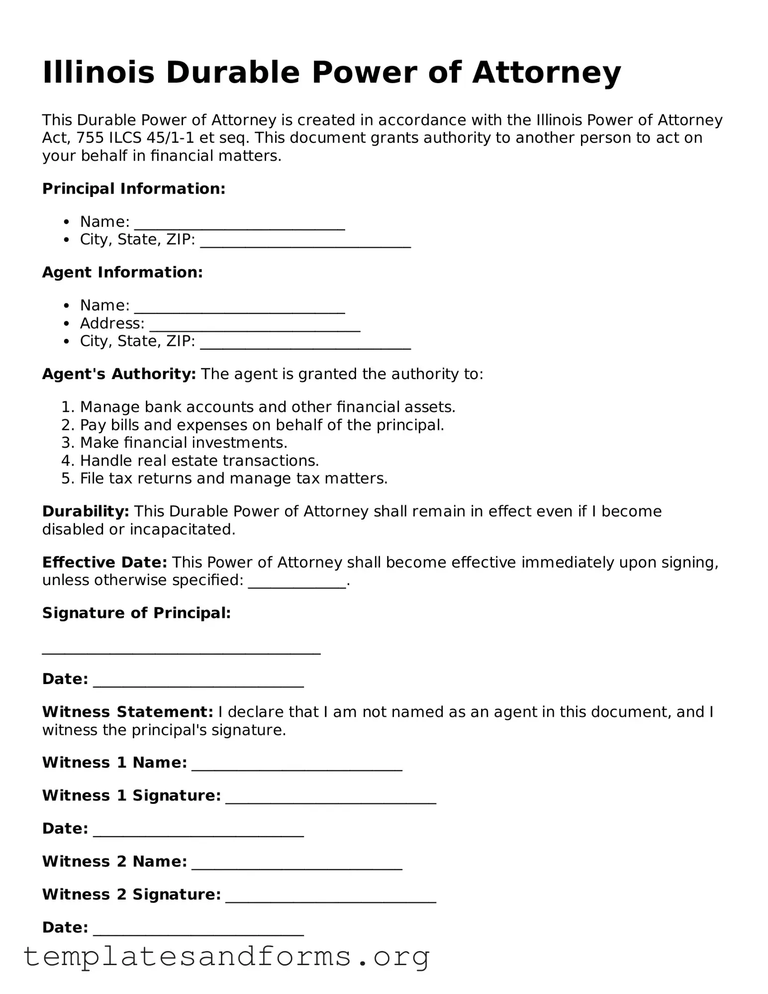 Free Durable Power of Attorney Form for the State of Illinois