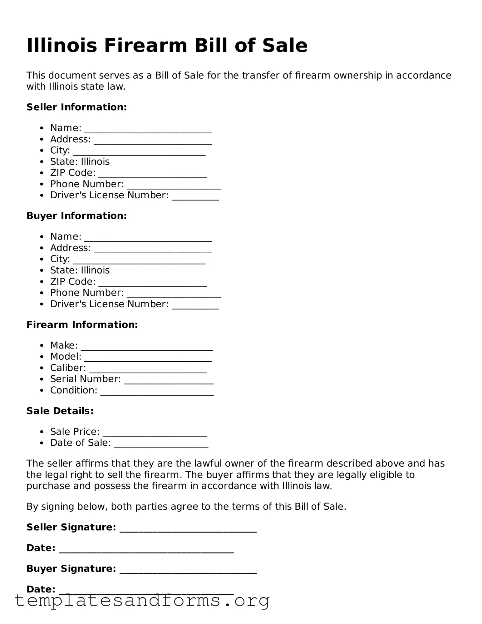 Free Firearm Bill of Sale Form for the State of Illinois
