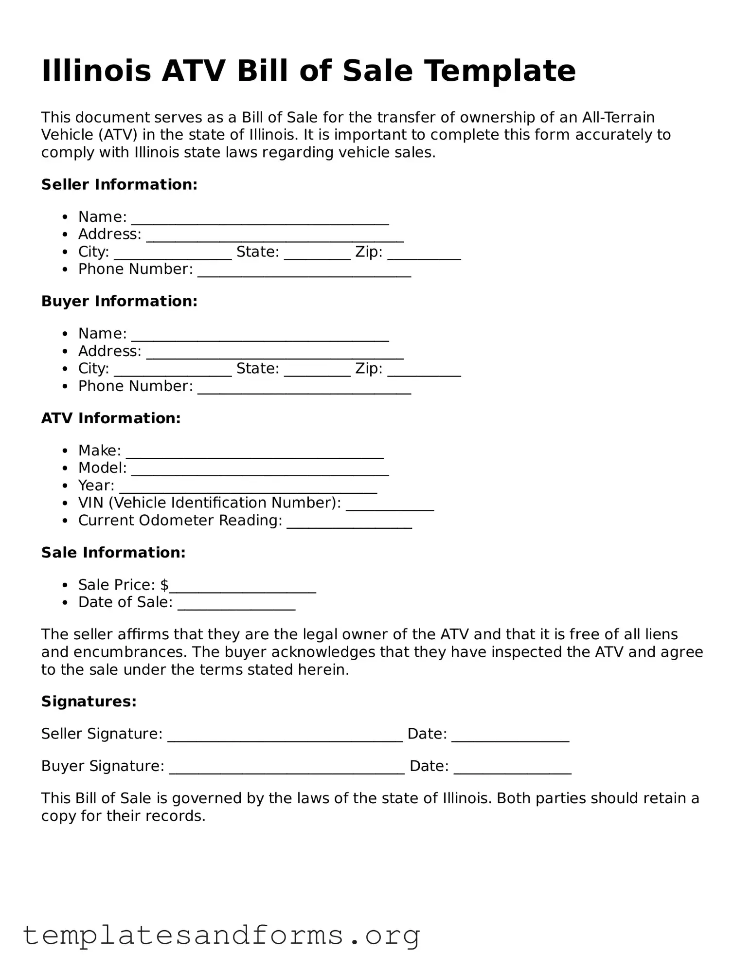 Free ATV Bill of Sale Form for the State of Illinois