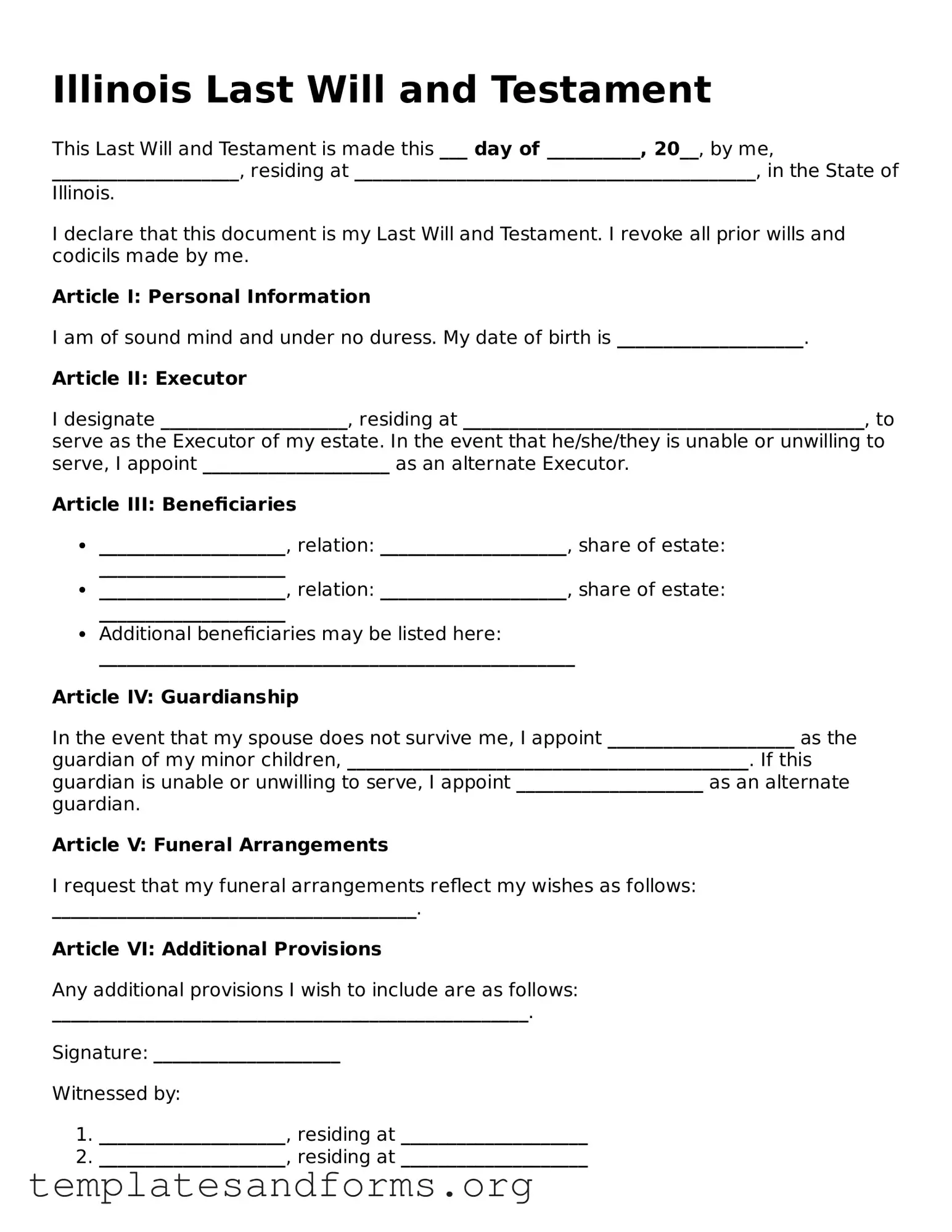 Free Last Will and Testament Form for the State of Illinois
