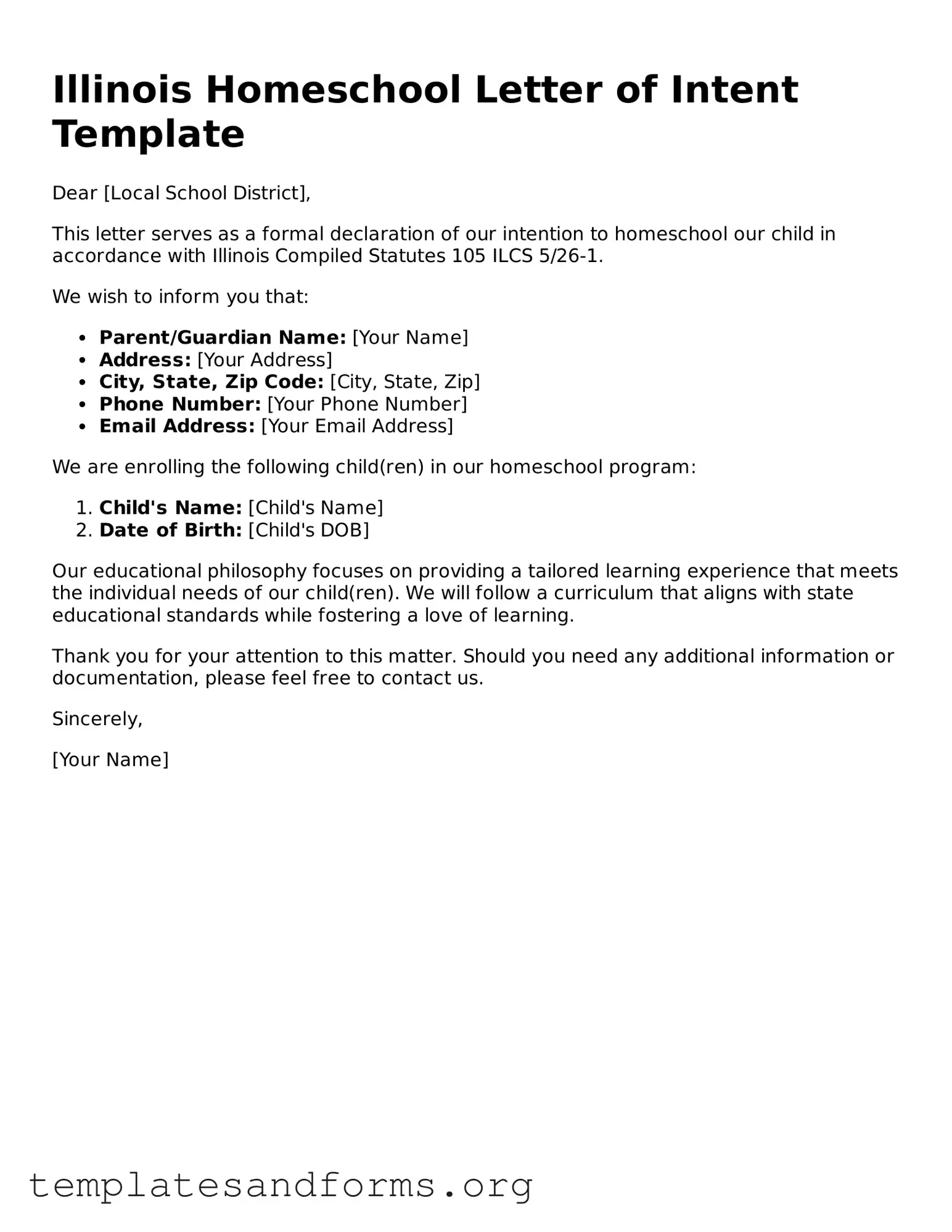 Free Homeschool Letter of Intent Form for the State of Illinois