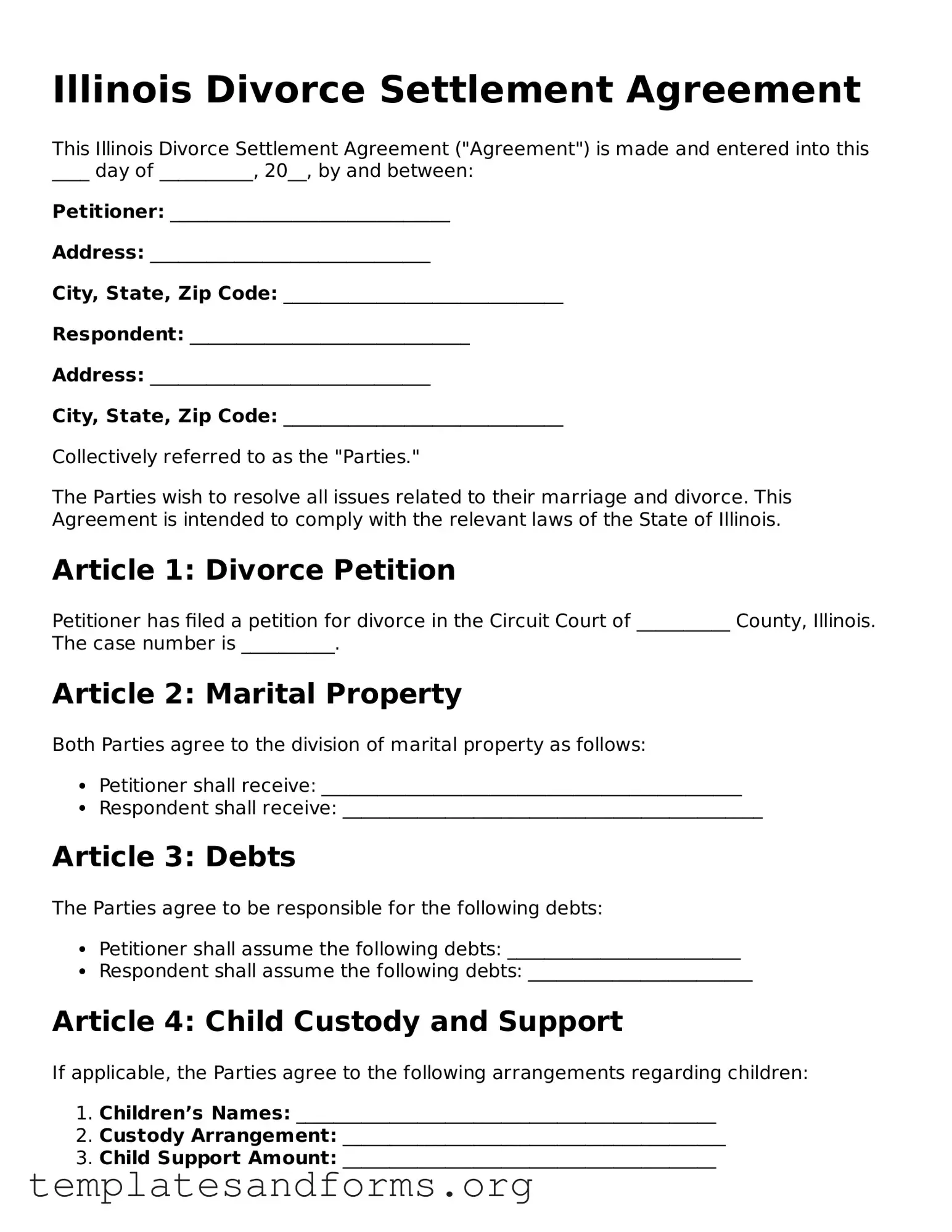 Free Divorce Settlement Agreement Form for the State of Illinois