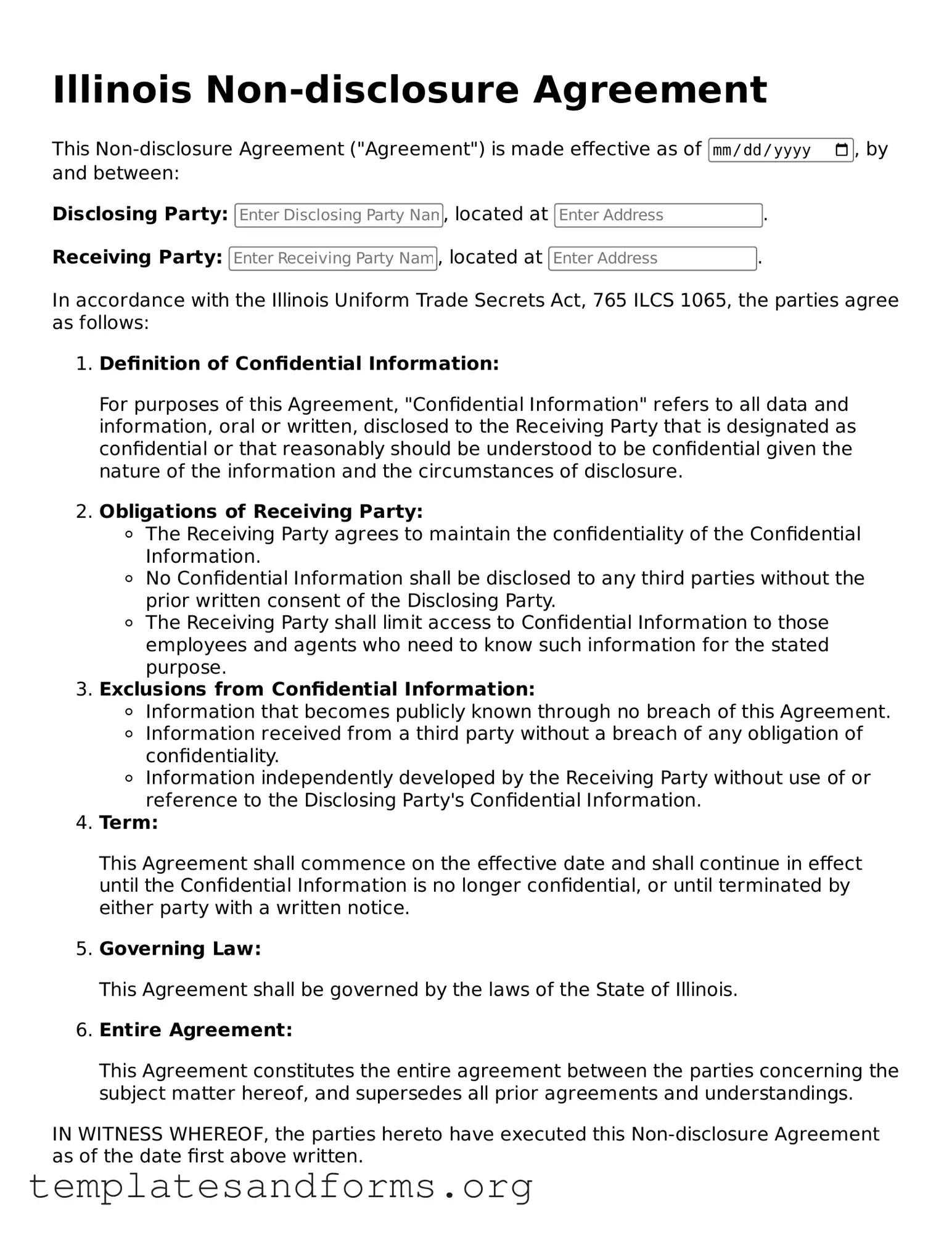 Free Non-disclosure Agreement Form for the State of Illinois