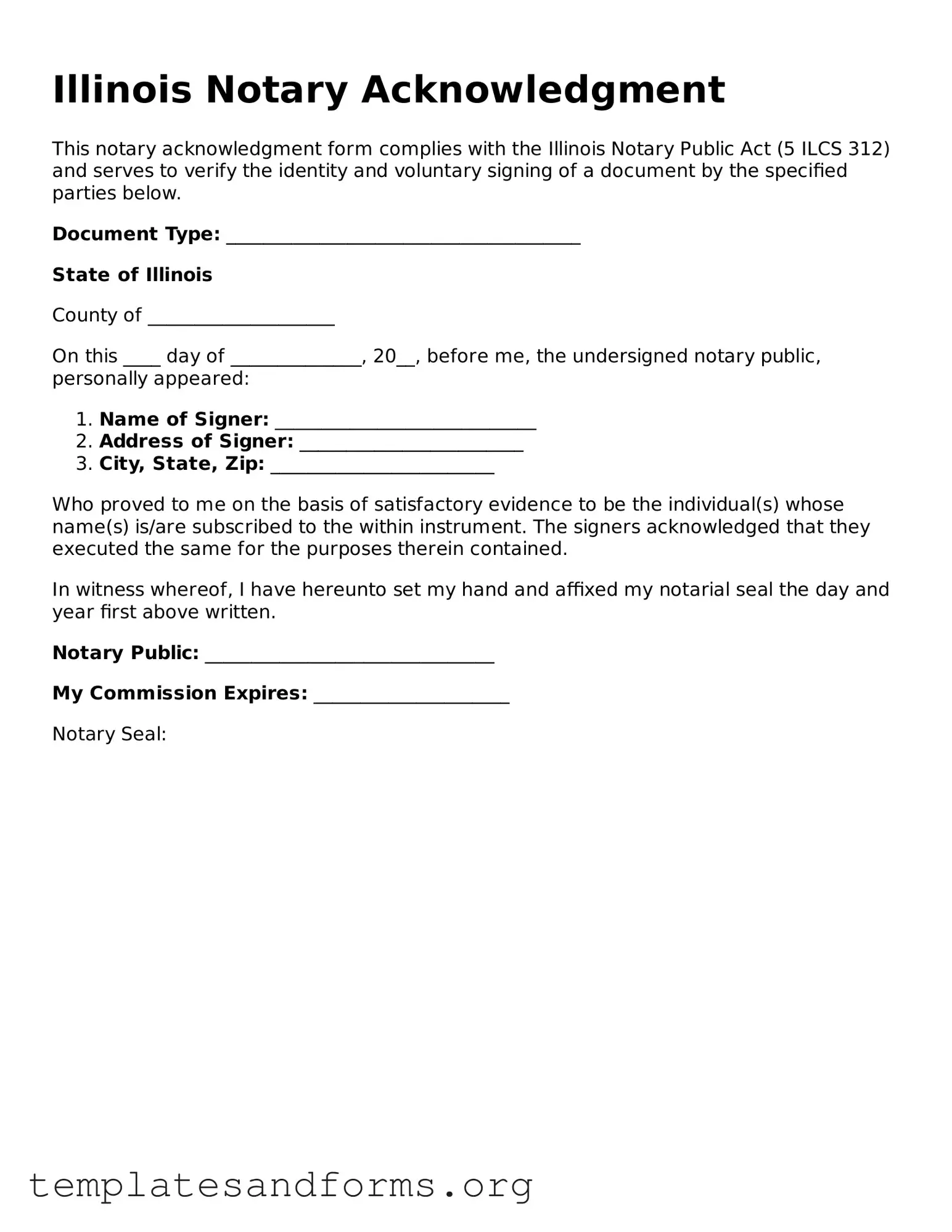 Free Notary Acknowledgement Form for the State of Illinois