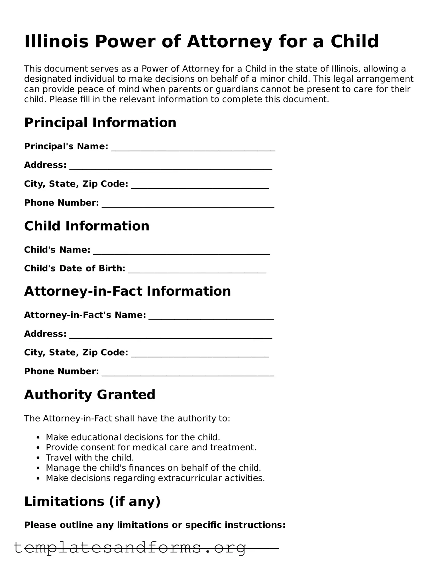 Free Power of Attorney for a Child Form for the State of Illinois