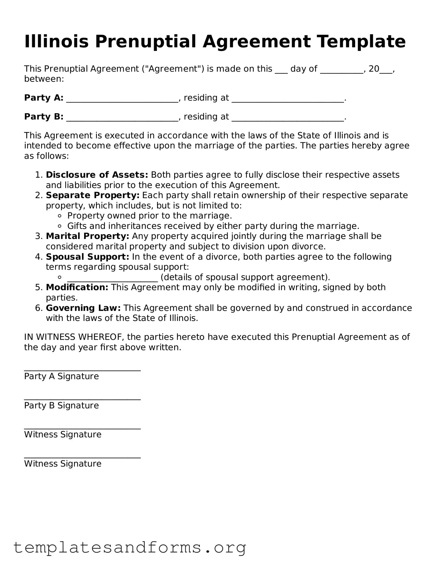 Free Prenuptial Agreement Form for the State of Illinois