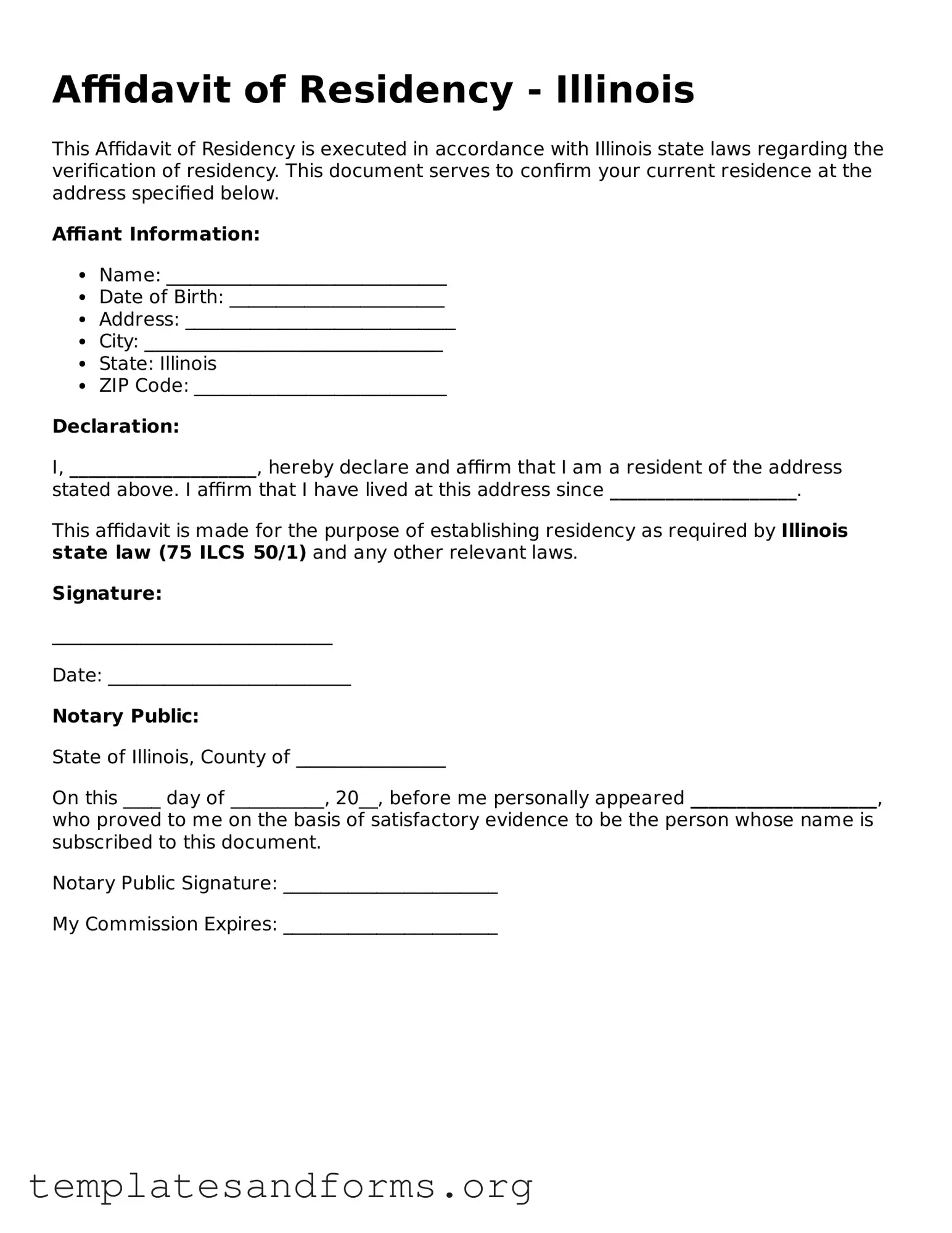 Free Affidavit of Residency Form for the State of Illinois