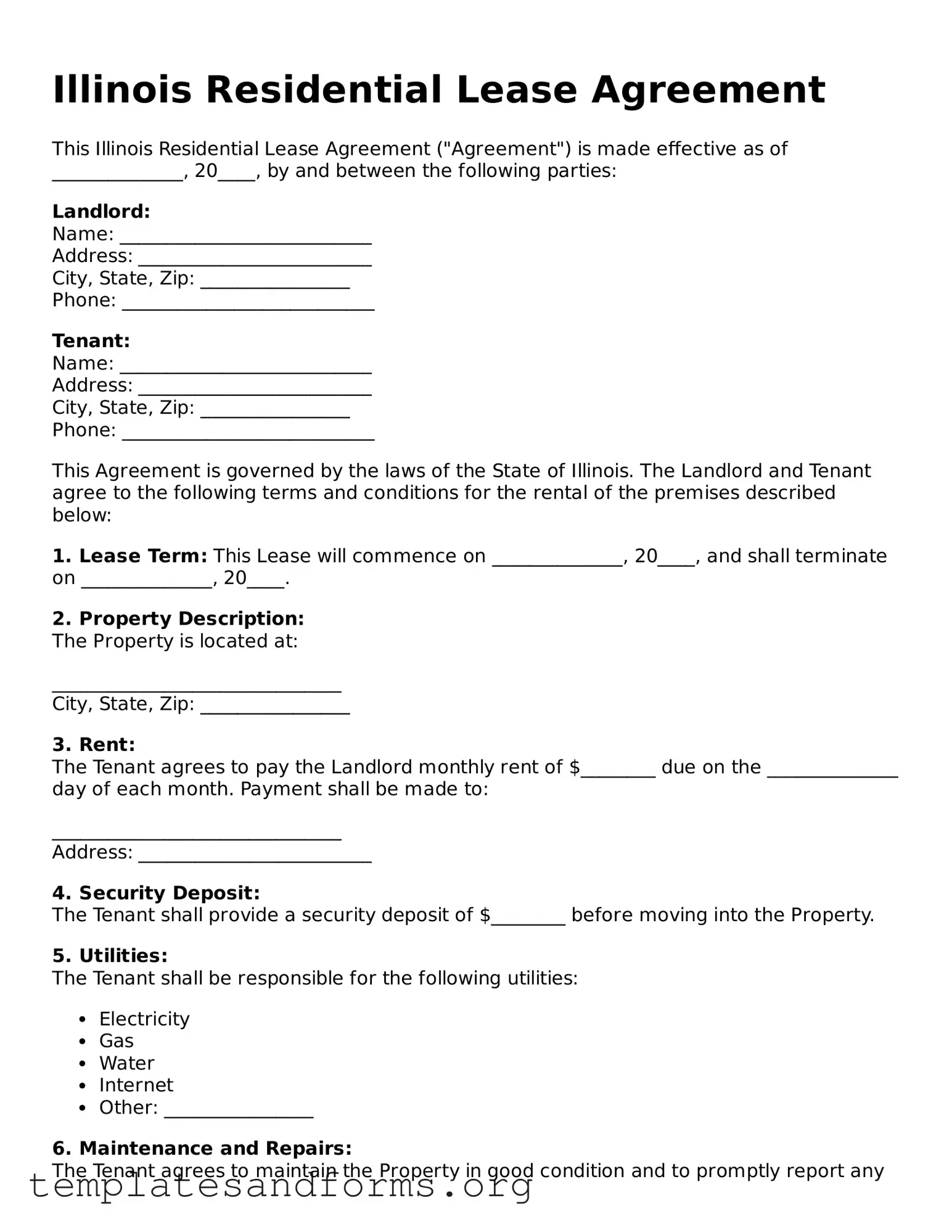 Free Residential Lease Agreement Form for the State of Illinois