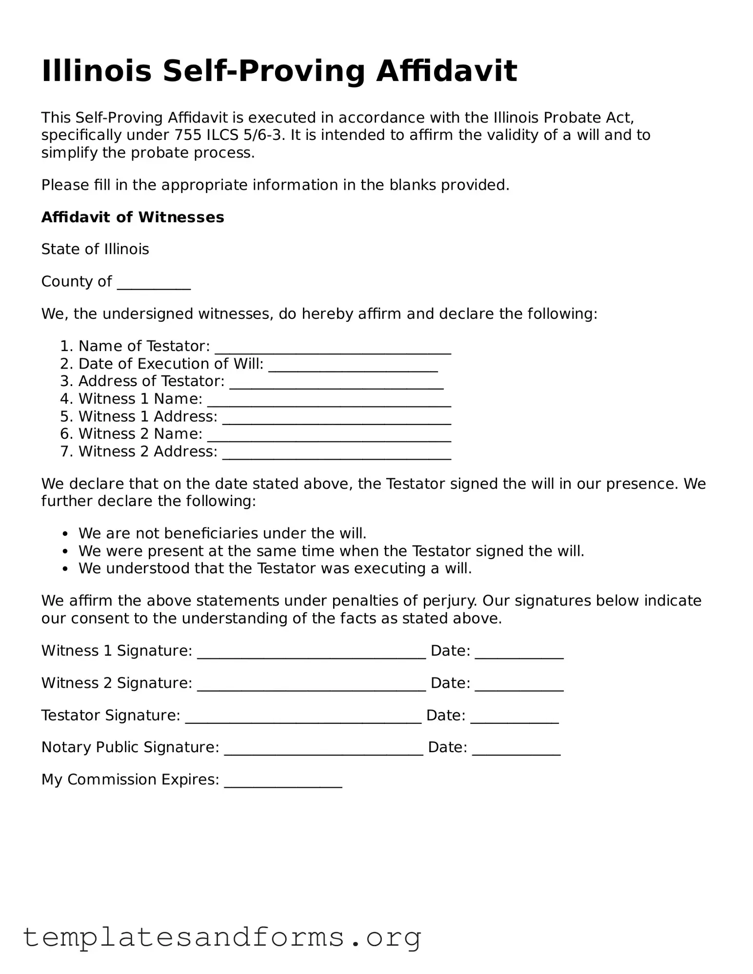 Free Self-Proving Affidavit Form for the State of Illinois