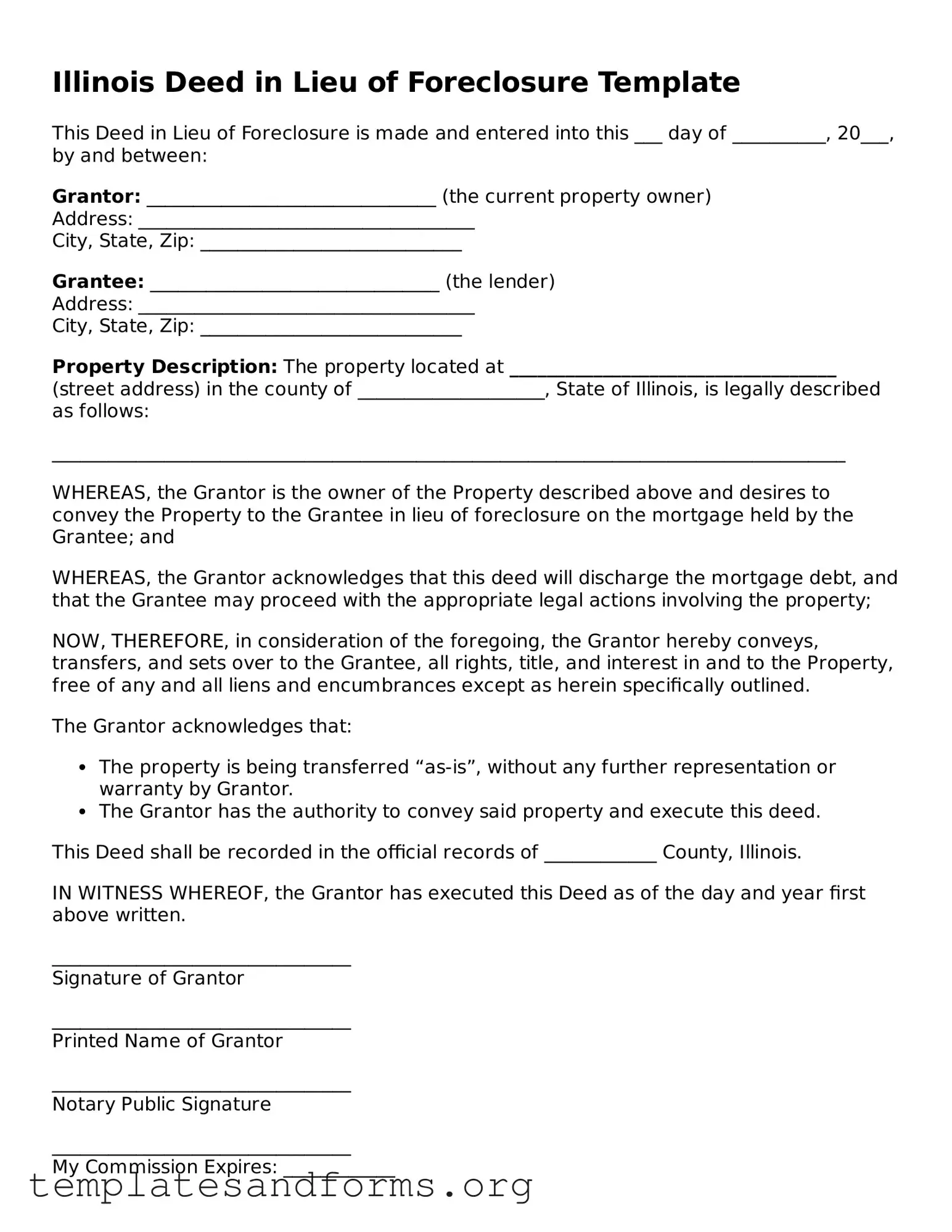 Free Deed in Lieu of Foreclosure Form for the State of Illinois