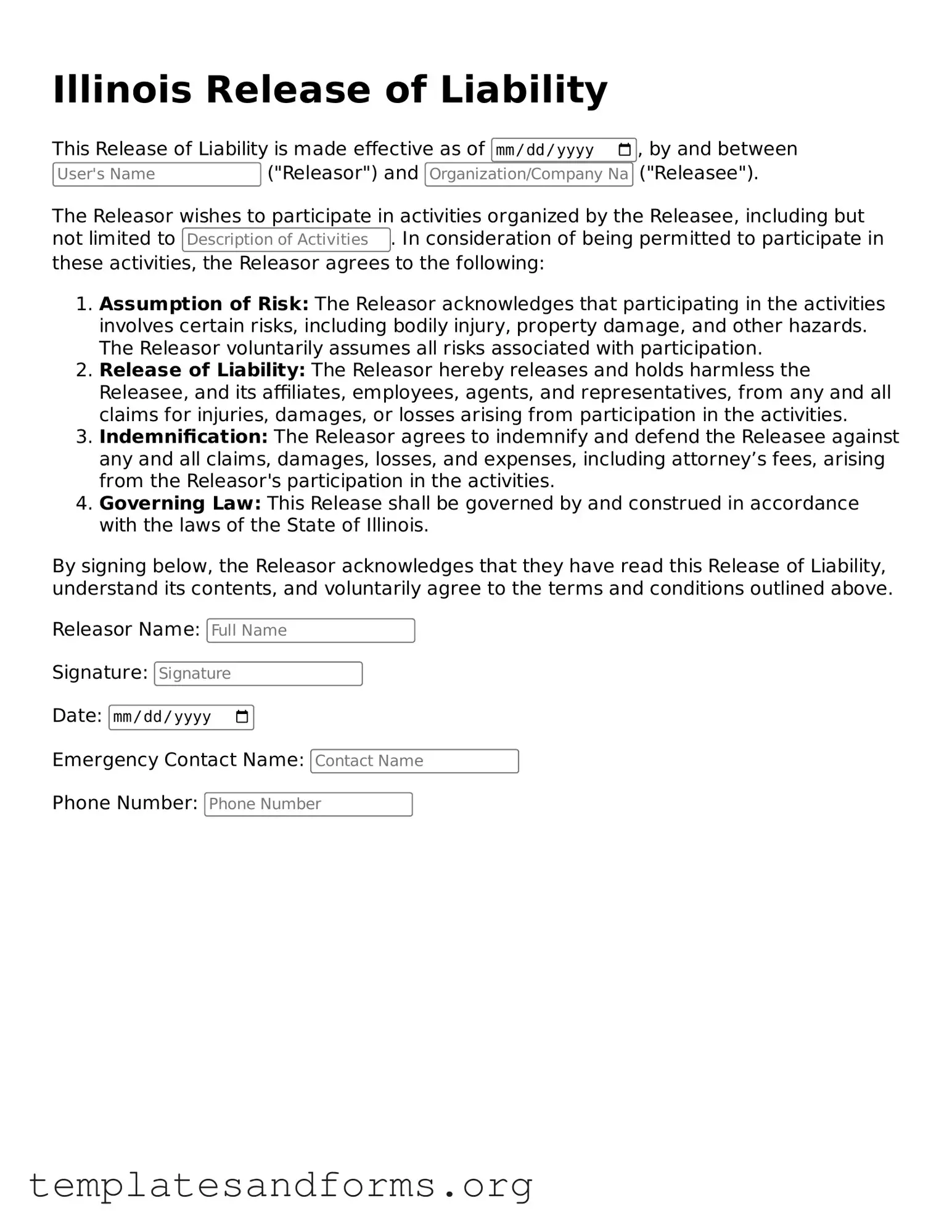 Free Release of Liability Form for the State of Illinois