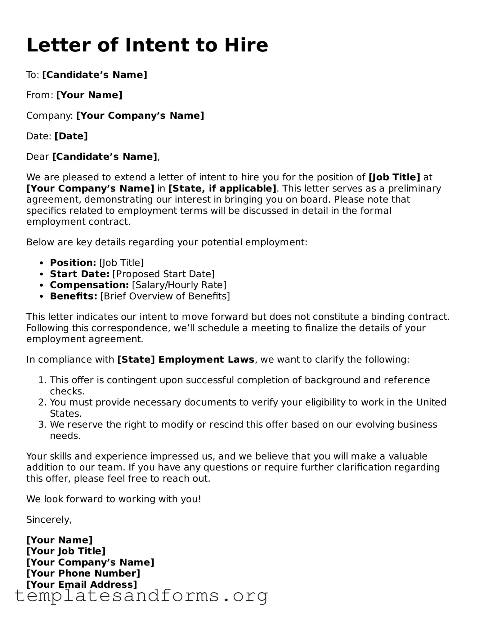 Blank Letter of Intent to Hire Document