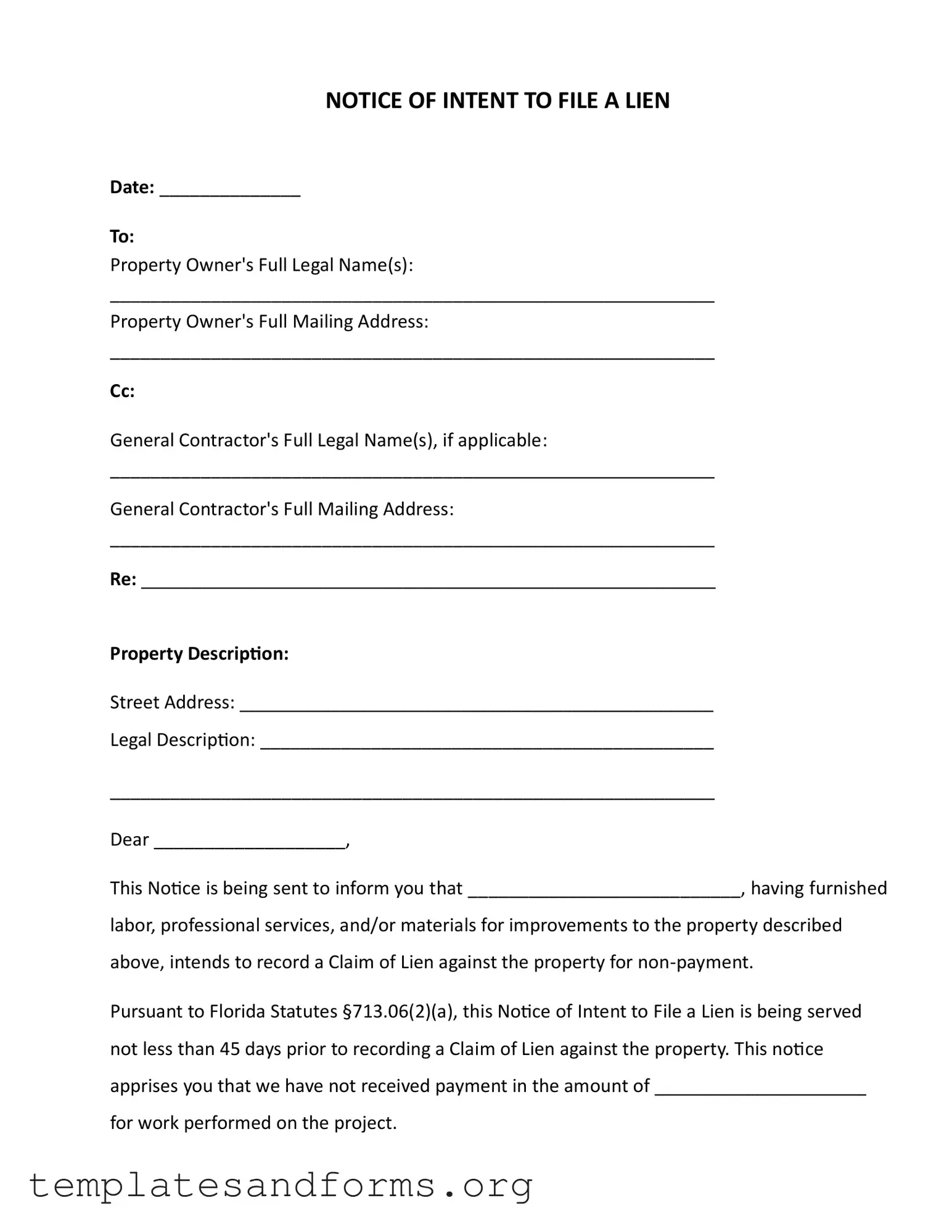 Fill in a Valid Intent To Lien Florida Form