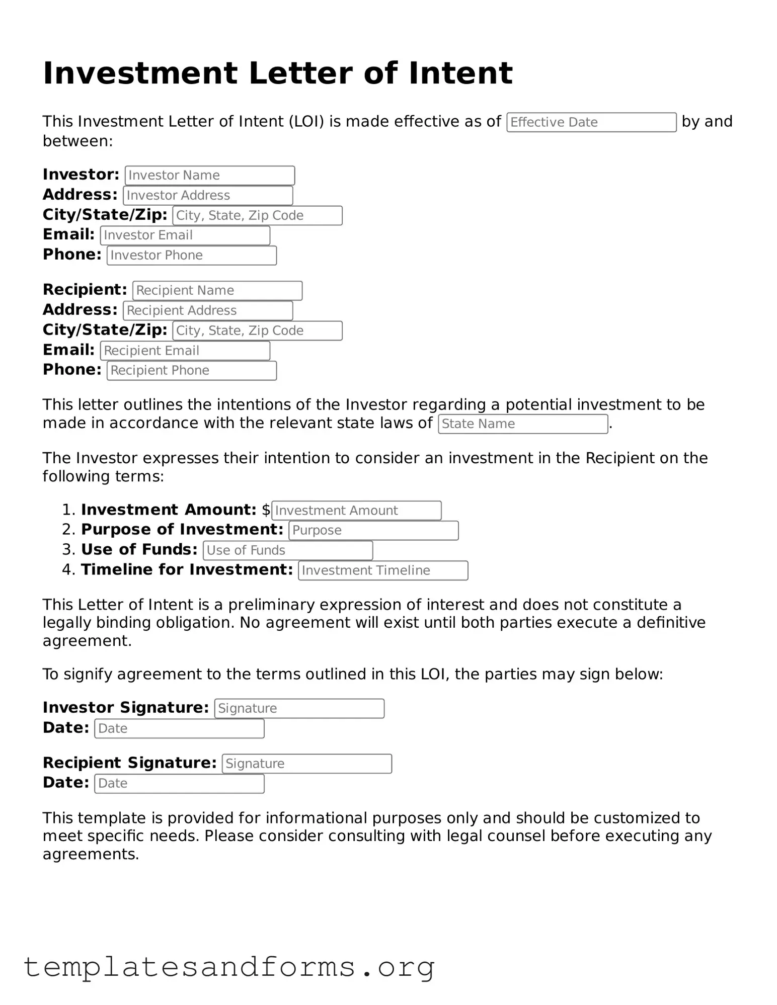 Blank Investment Letter of Intent Document