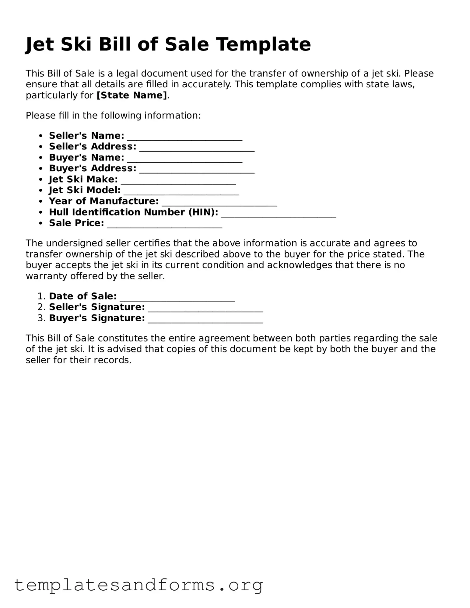 Blank Jet Ski Bill of Sale Document