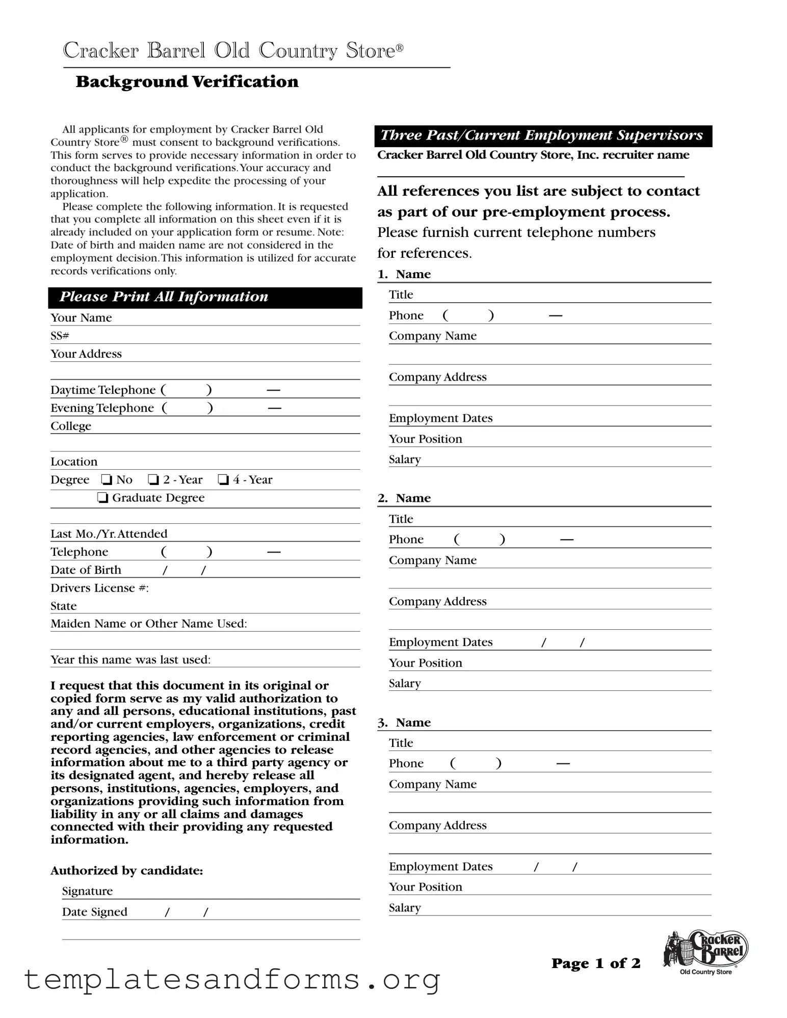 Fill in a Valid Cracker Barrel Background Check Form