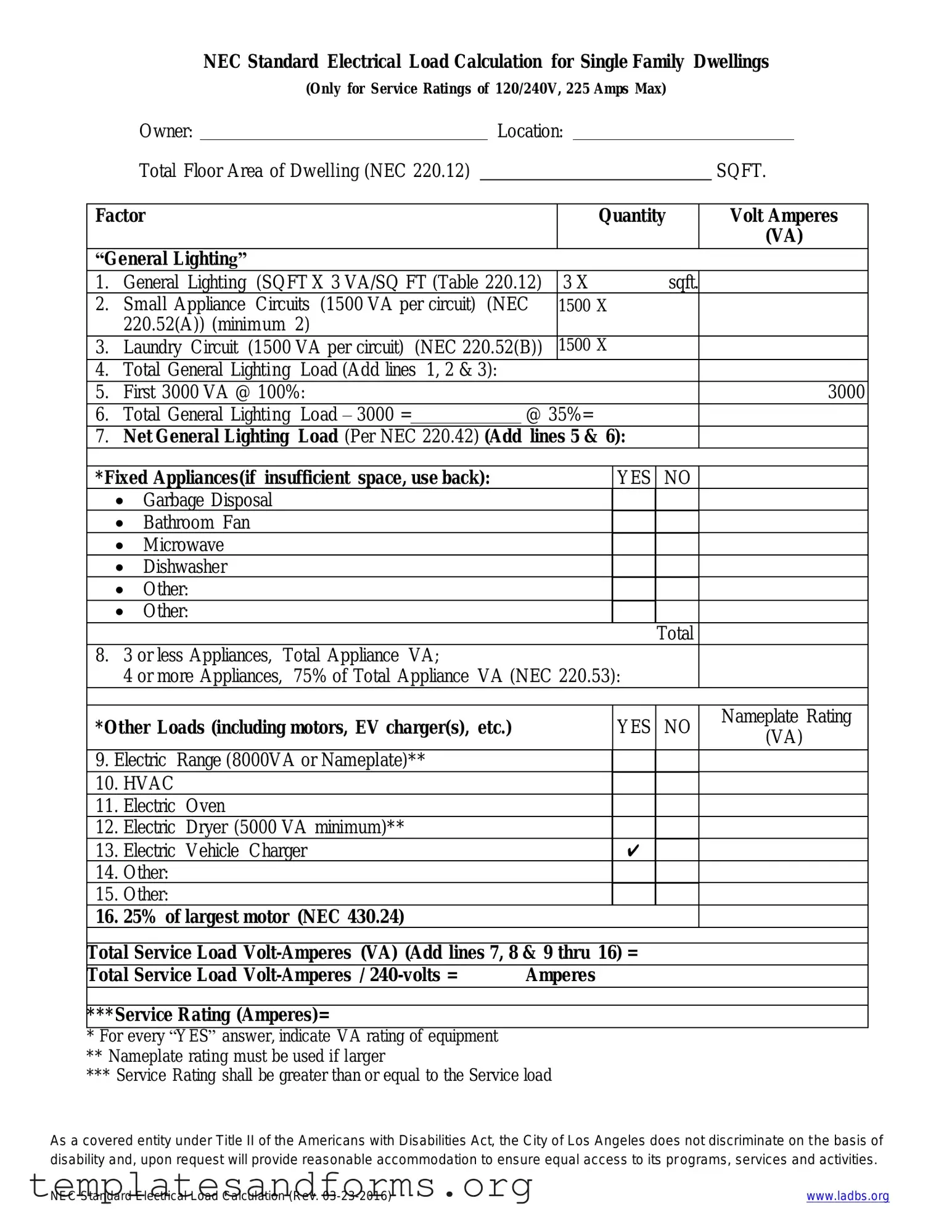 Fill in a Valid LADBS NEC Standard Electrical Load Calculation Form
