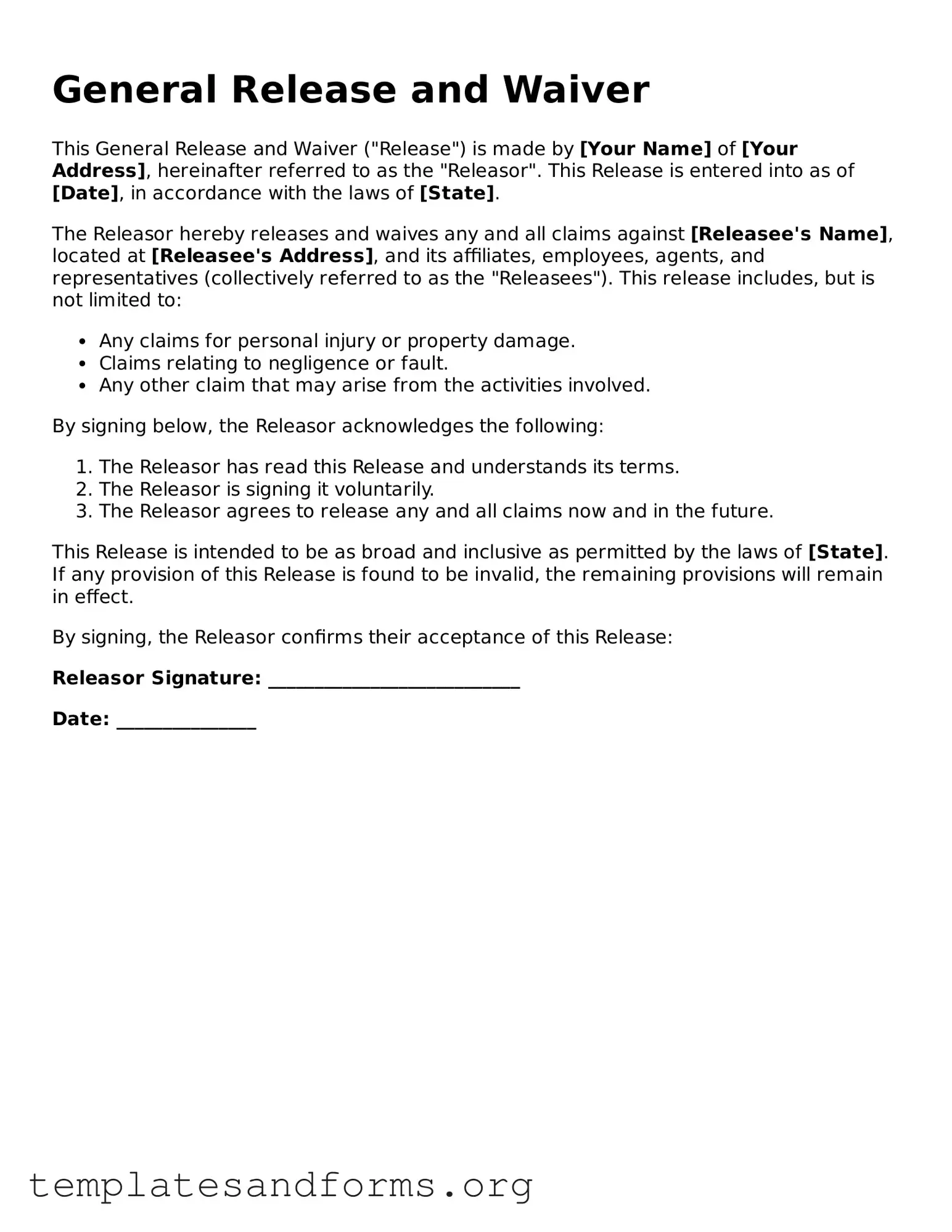 Blank General Release and Waiver Document