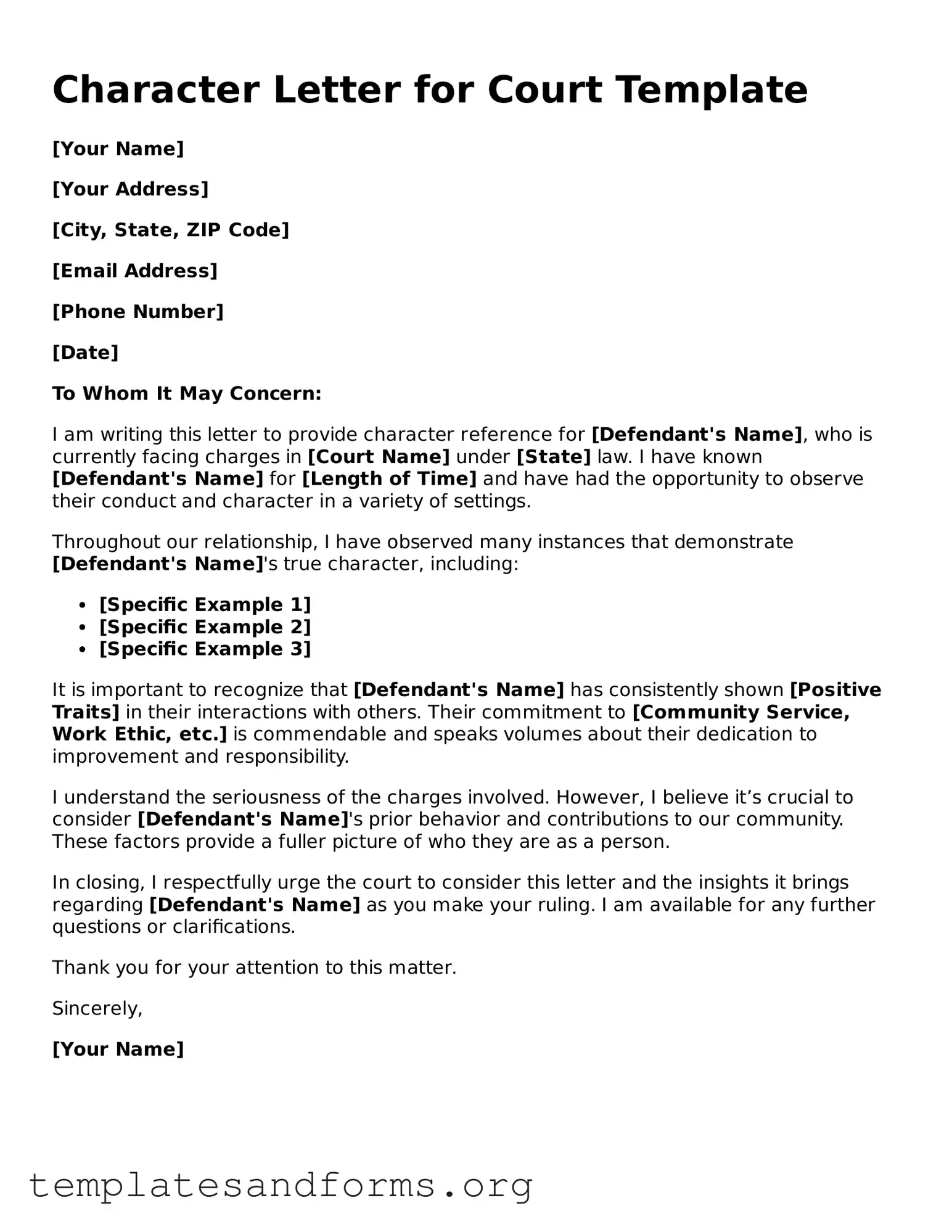 Blank Character Letter for Court Document