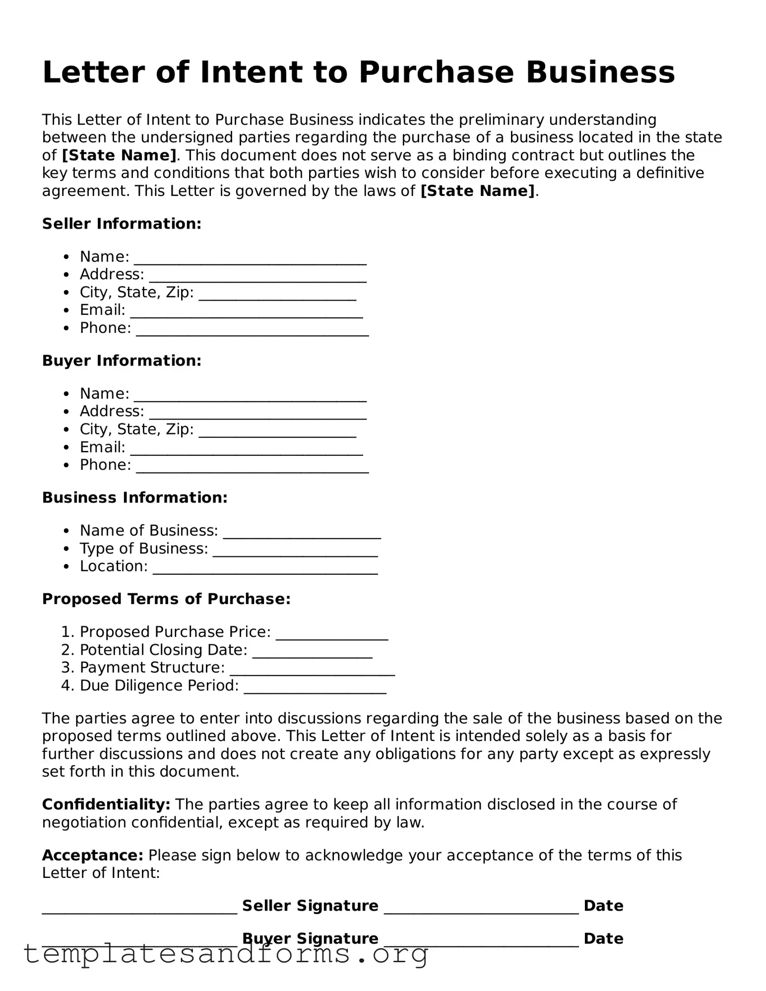 Blank Letter of Intent to Purchase Business Document