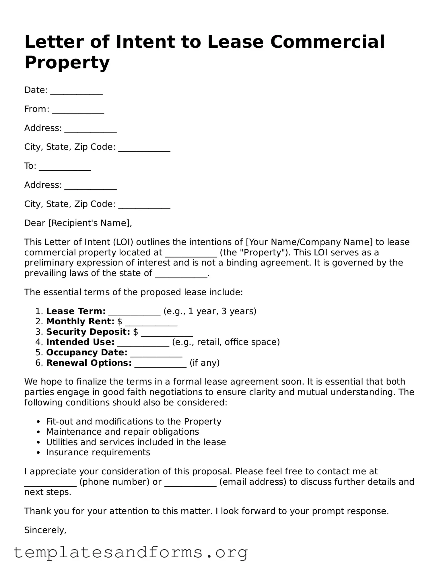 Blank Letter of Intent to Lease Commercial Property Document