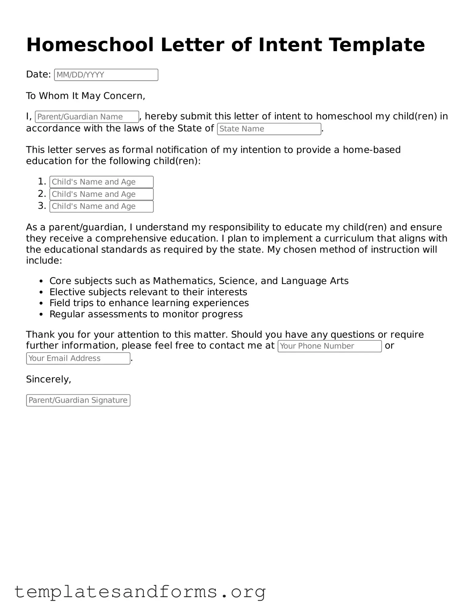 Blank Homeschool Letter of Intent Document