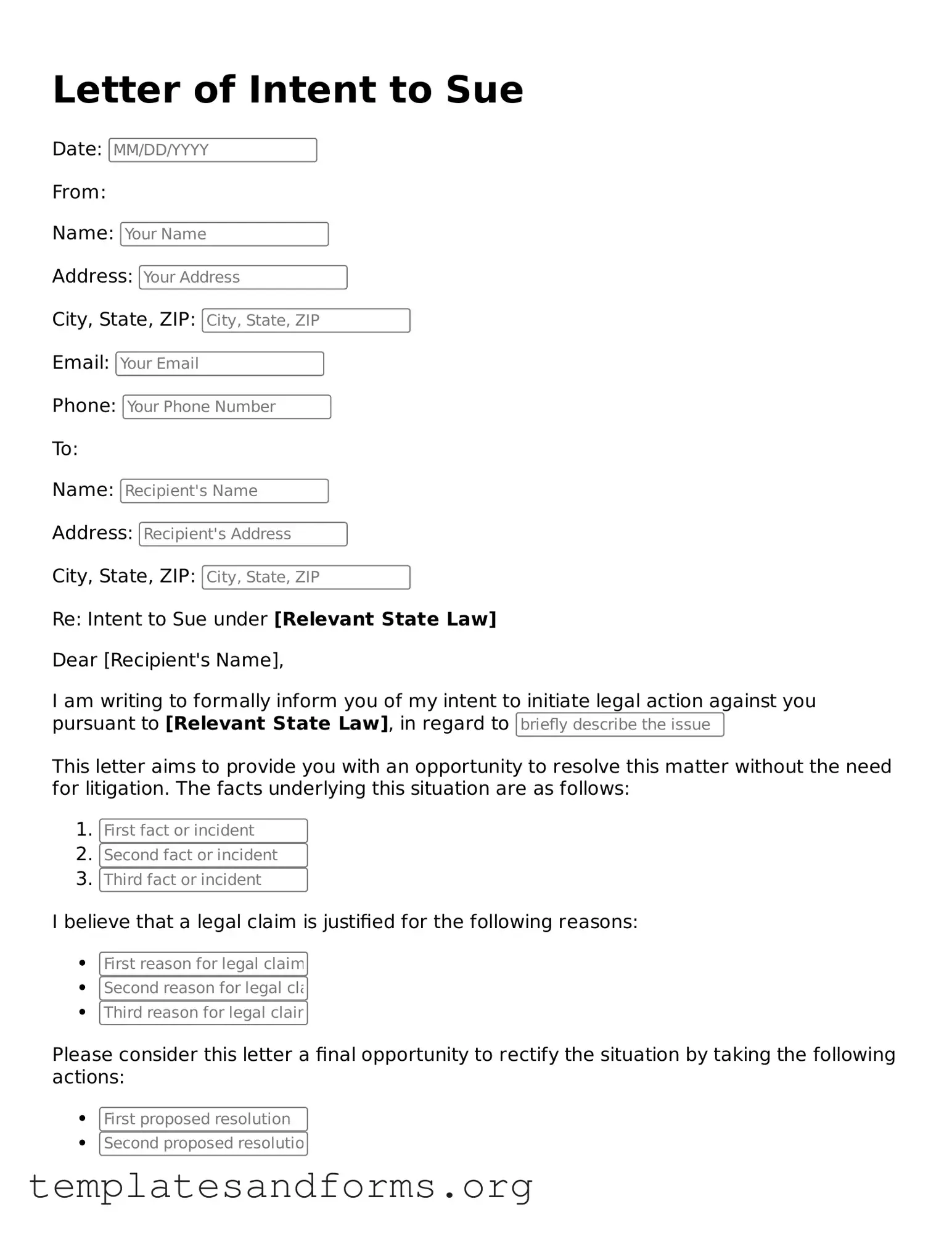 Blank Letter of Intent to Sue Document