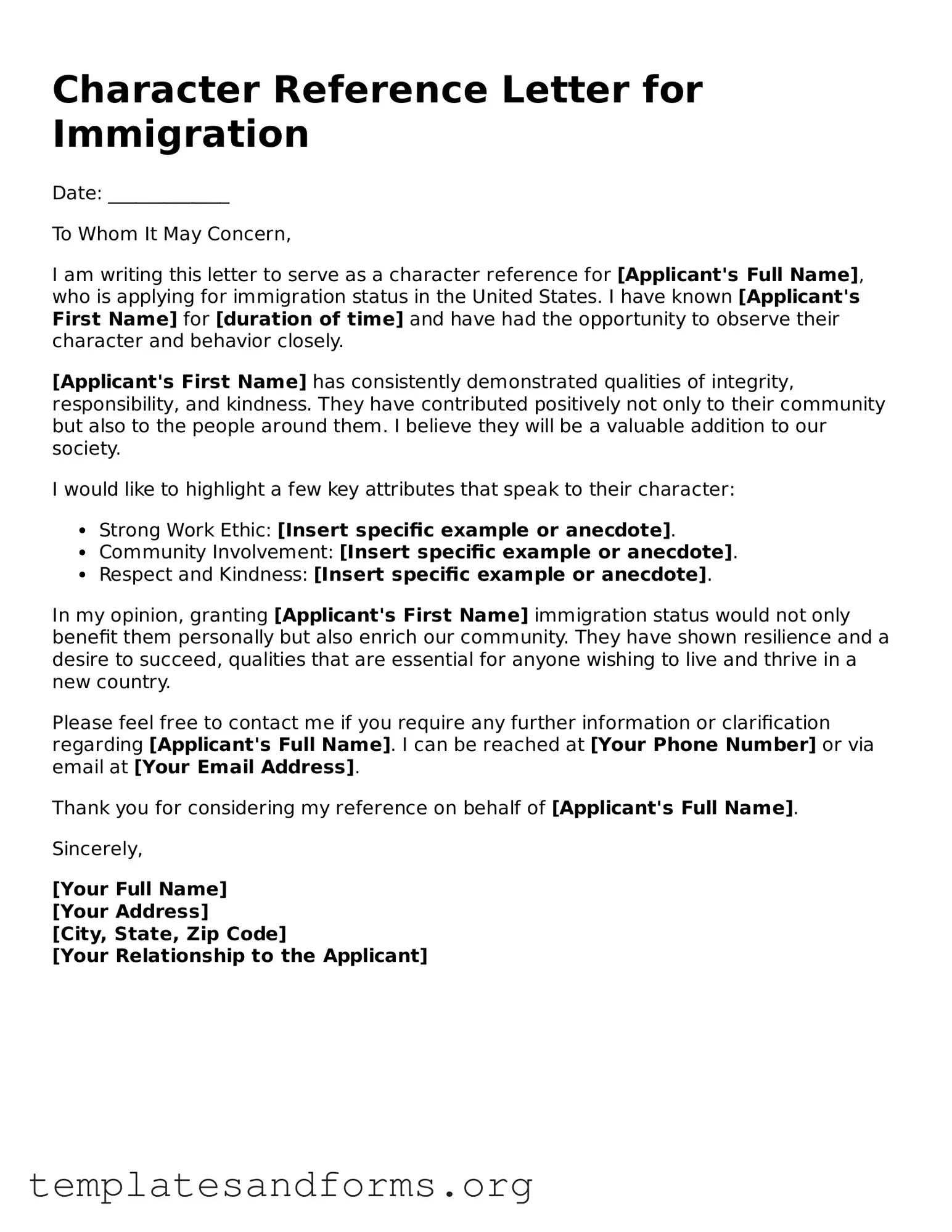 Blank Character Reference Letter for Immigration Document