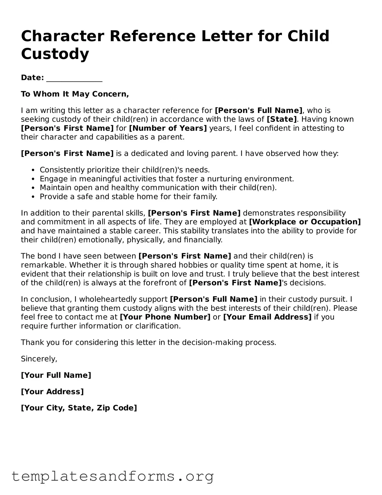 Blank Character Reference Letter for Child Custody Document
