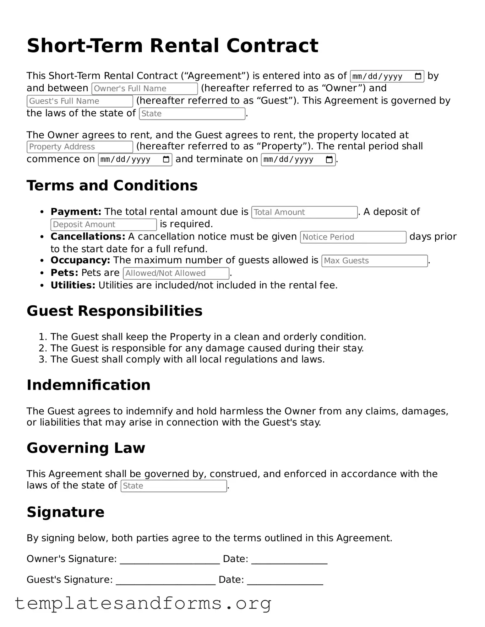 Blank Short-Term Rental Contract Document