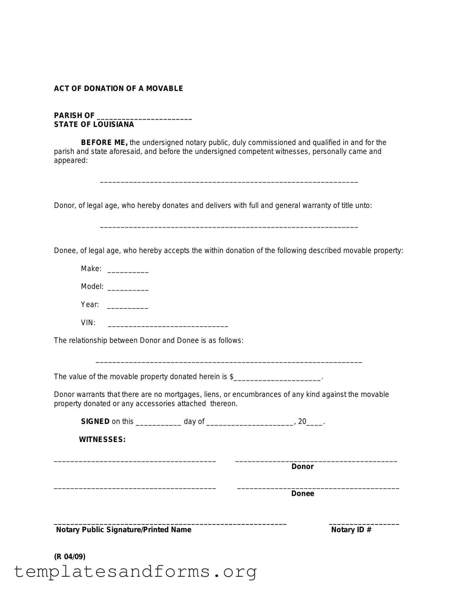 Fill in a Valid Louisiana act of donation Form