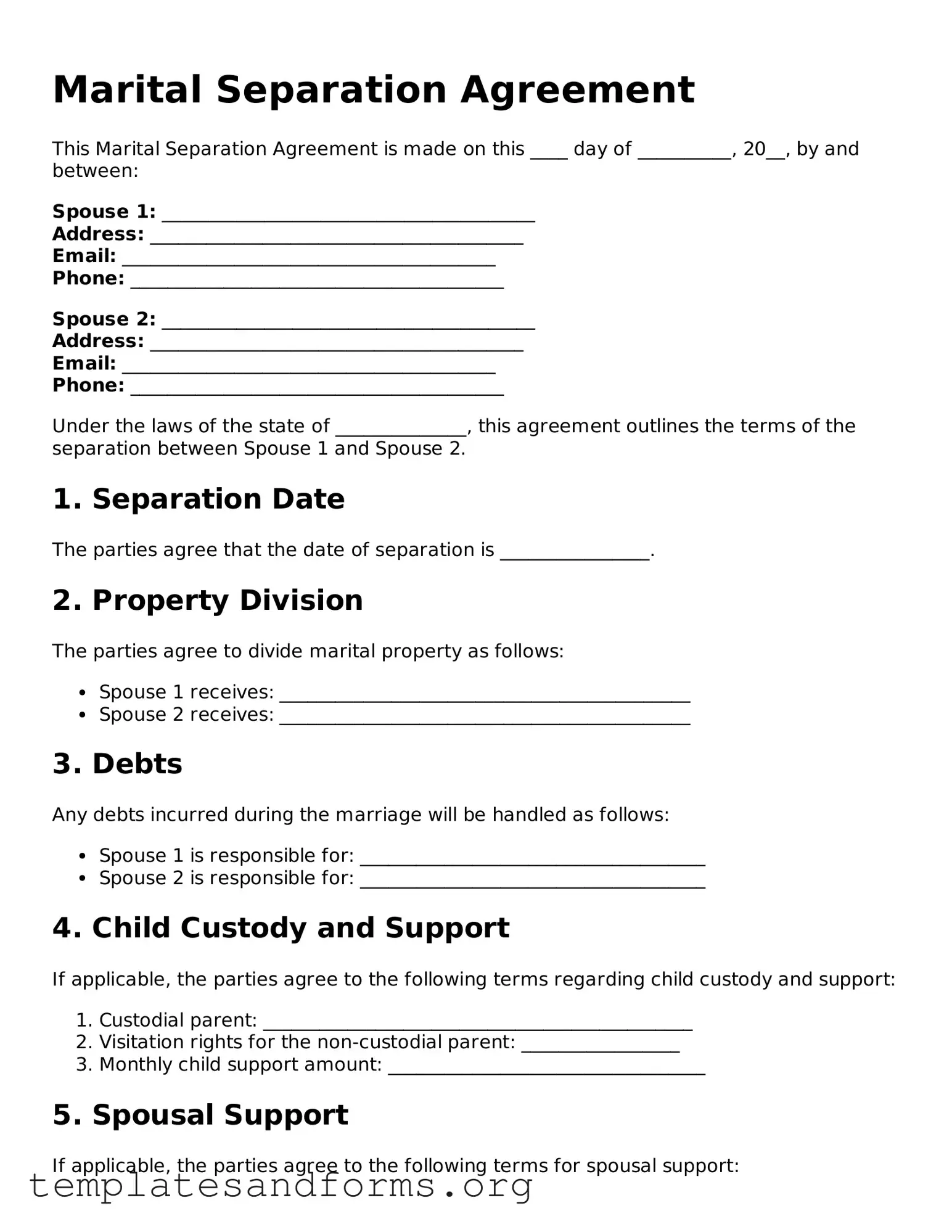 Blank Marital Separation Agreement Document