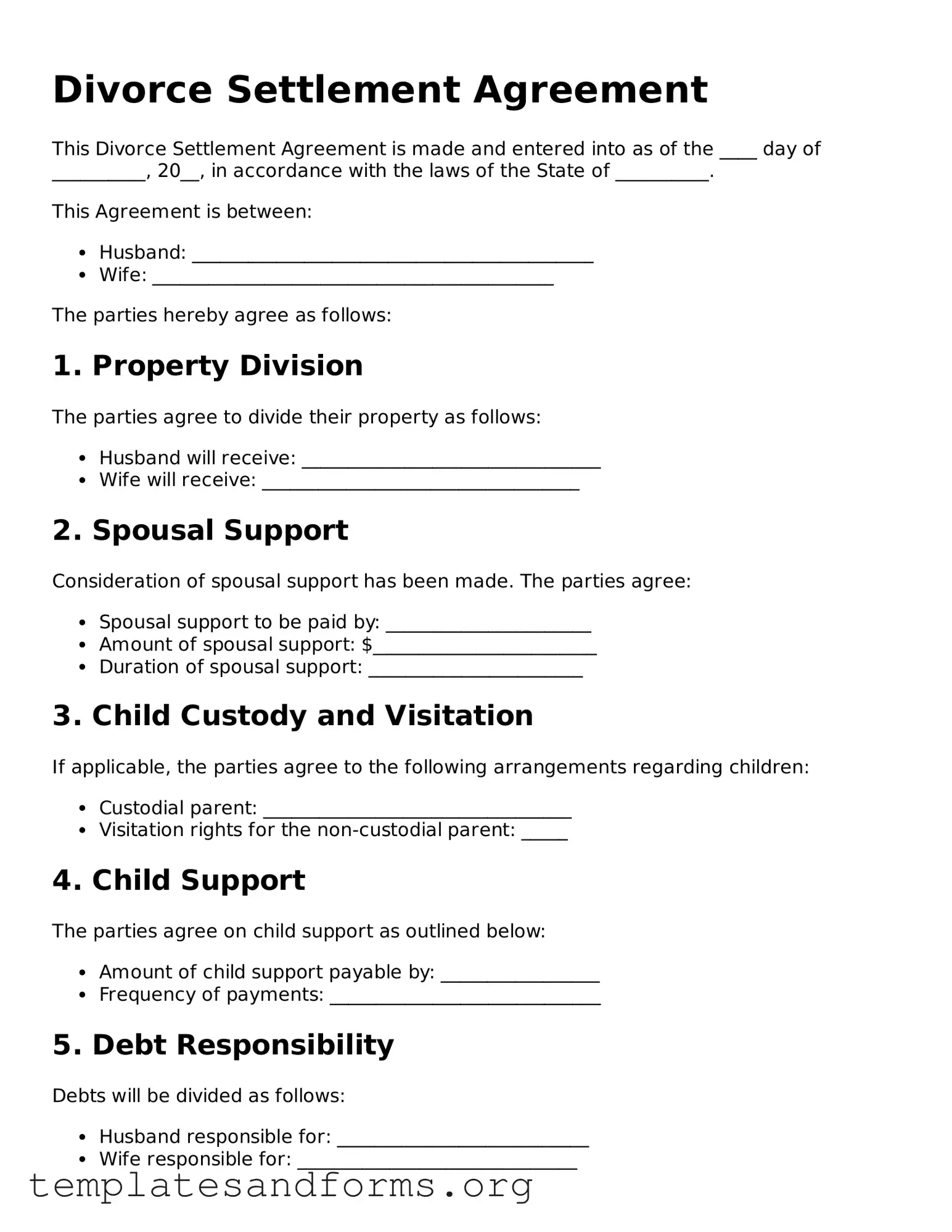 Blank Divorce Settlement Agreement Document