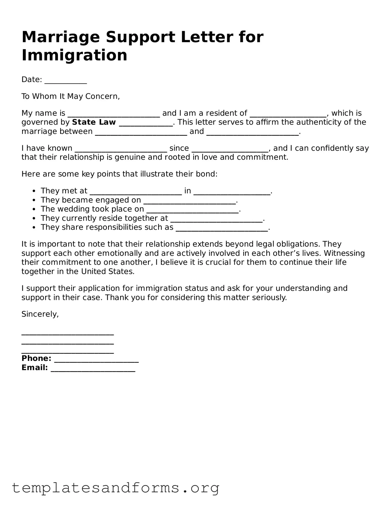 Blank Marriage Support Letter for Immigration Document