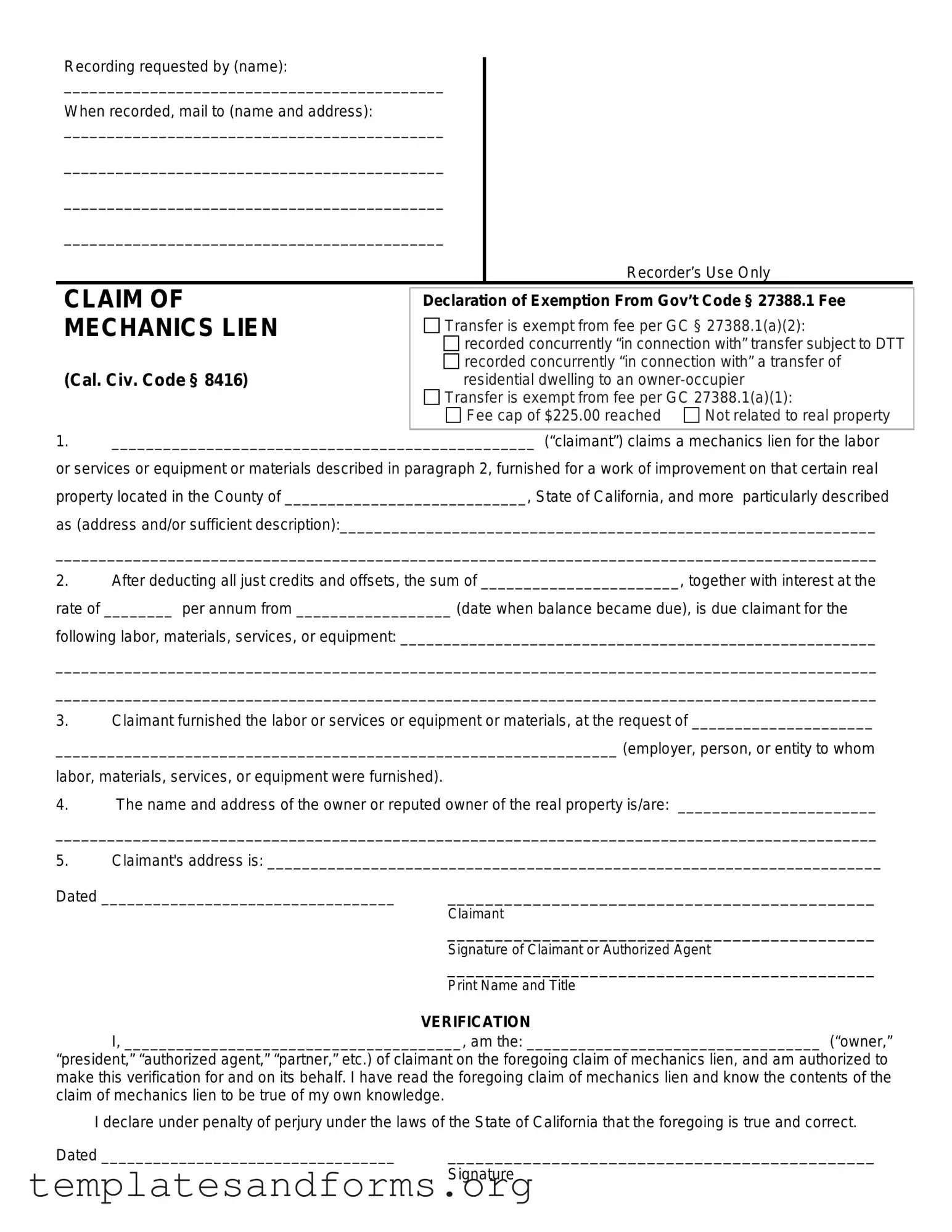 Fill in a Valid Mechanics Lien California Form