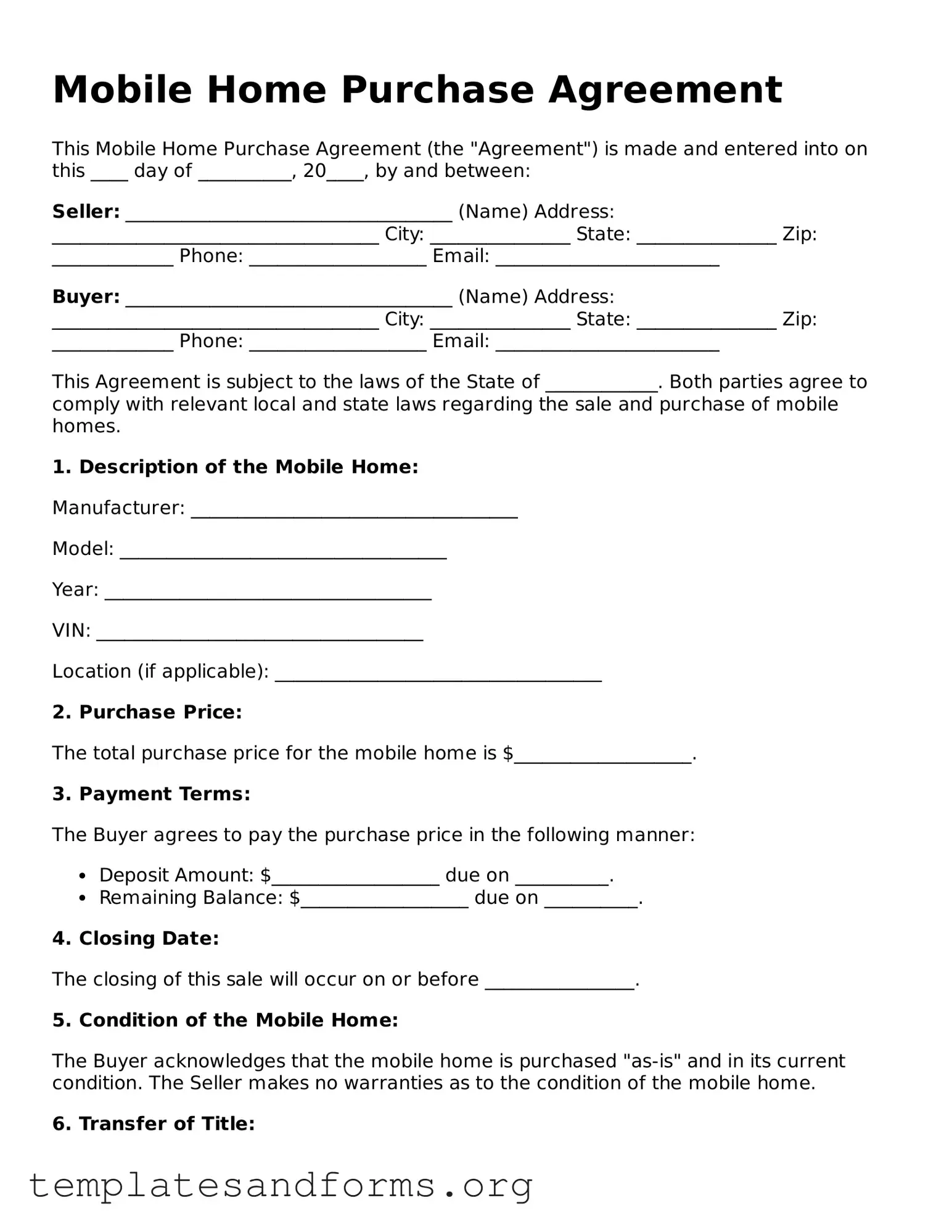 Blank Mobile Home Purchase Agreement Document