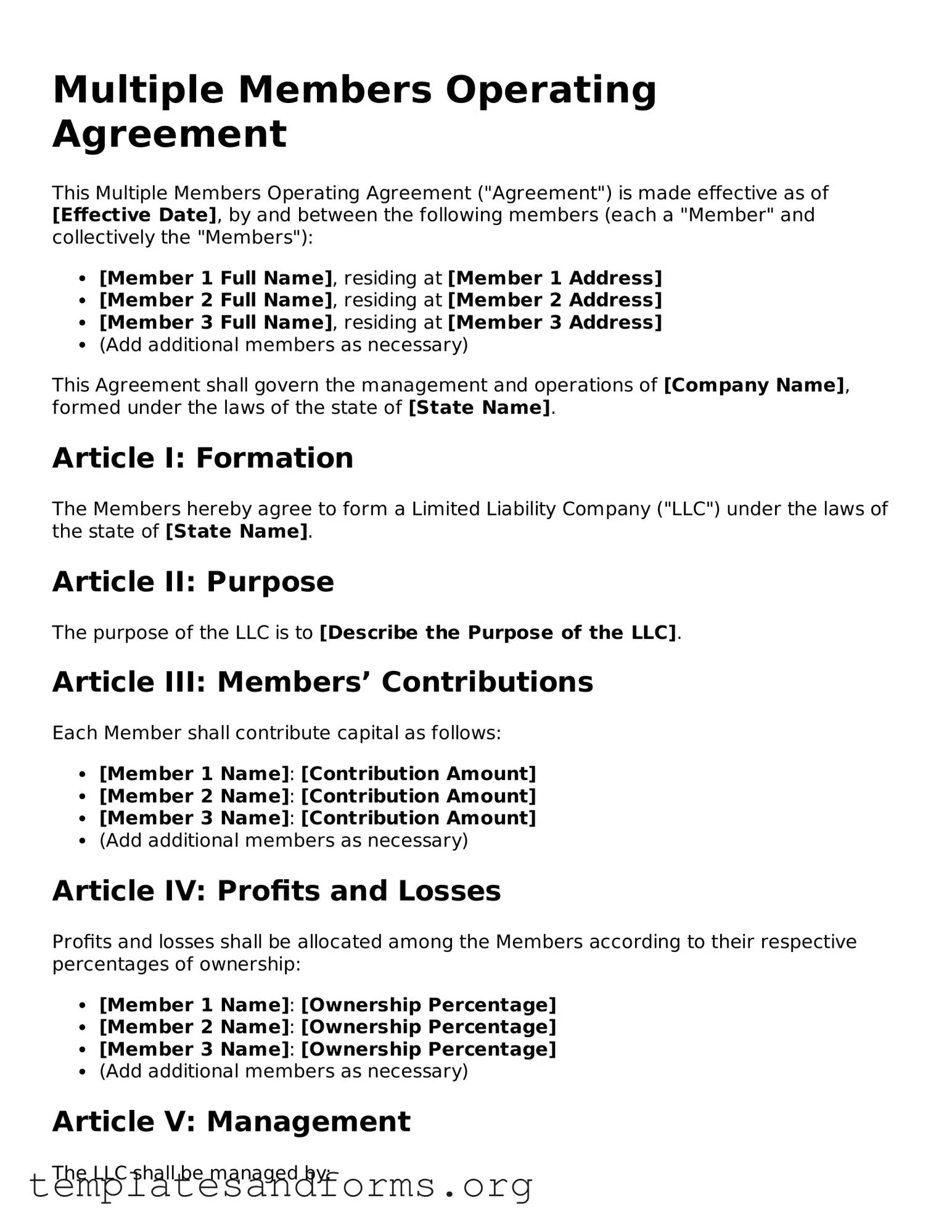 Blank Multiple Members Operating Agreement Document