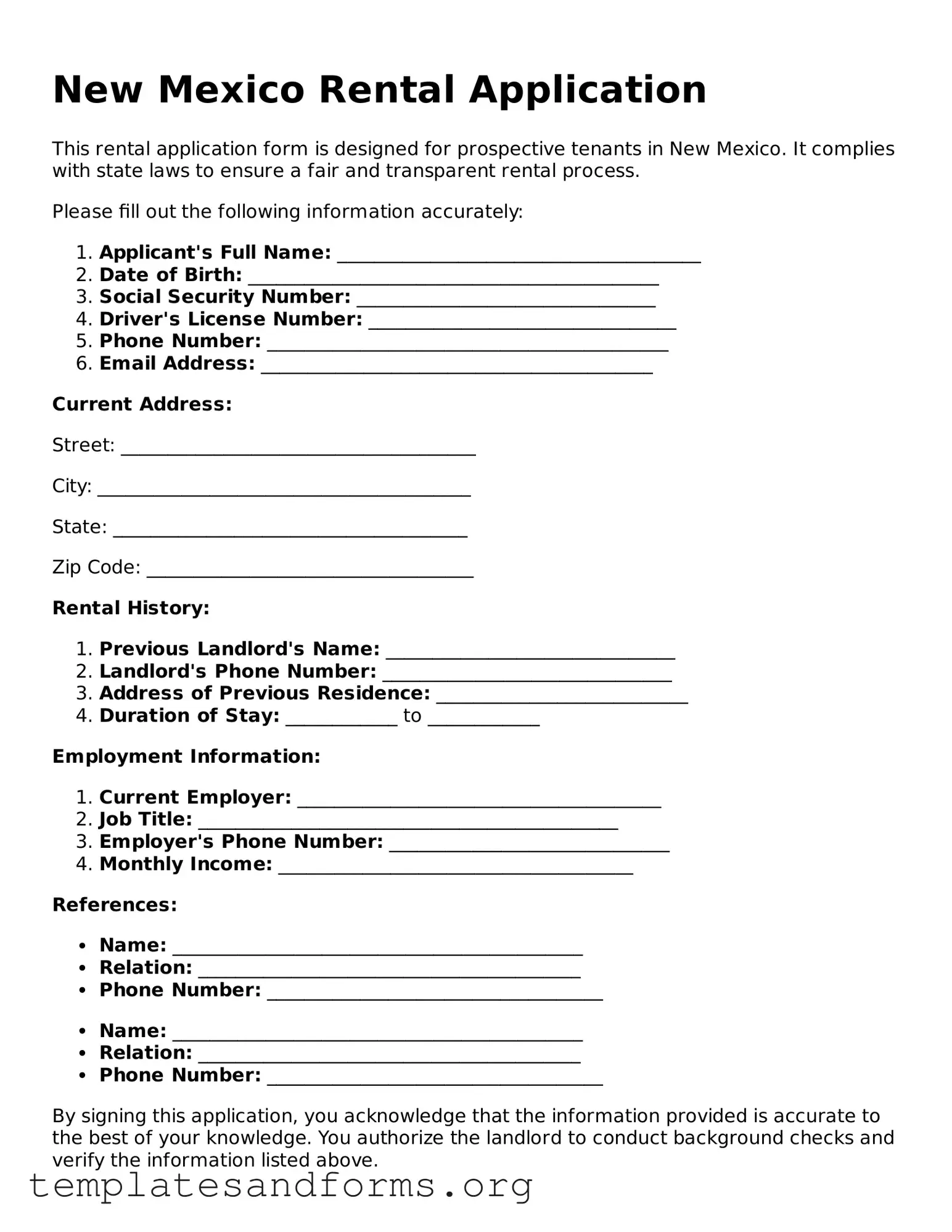Free Rental Application Form for the State of New Mexico