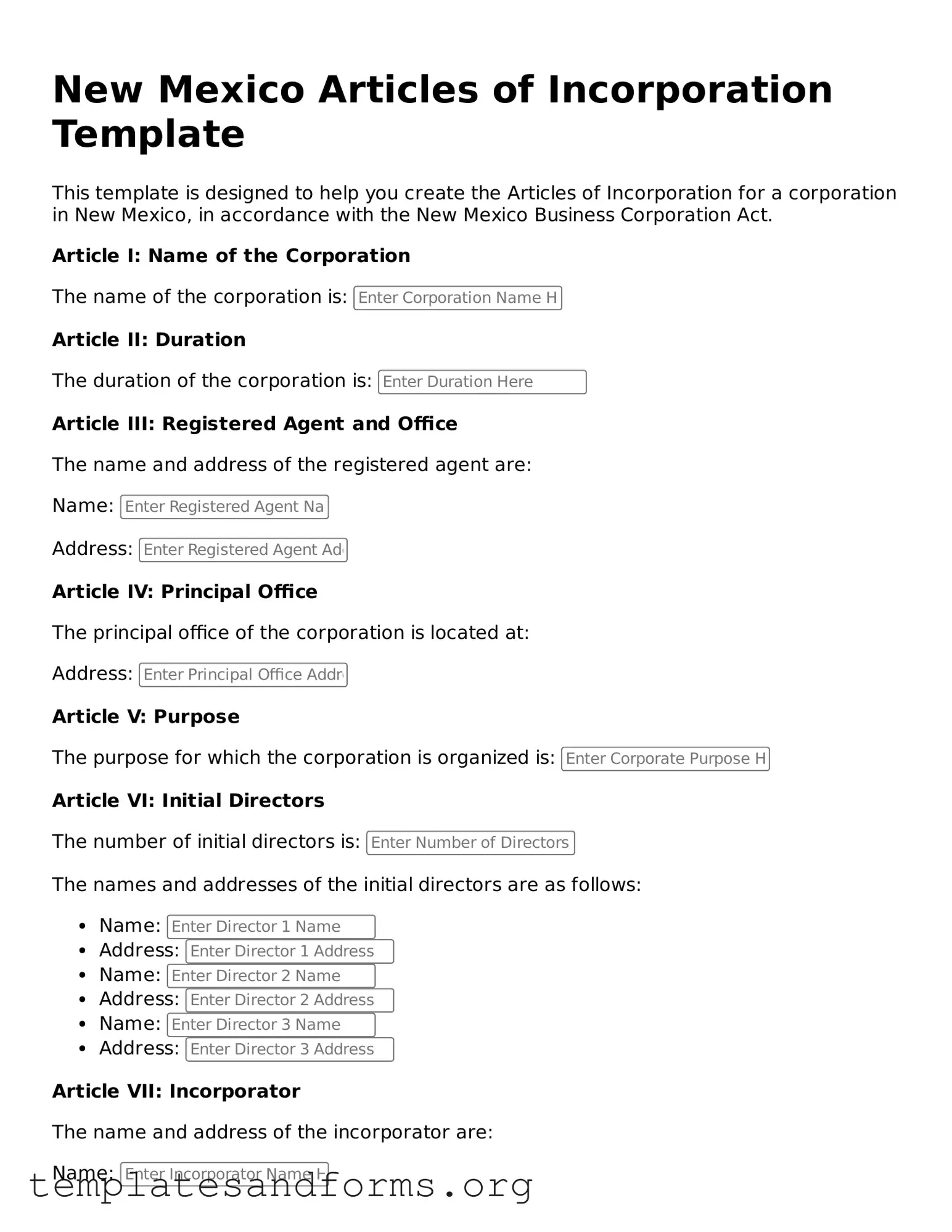 Free Articles of Incorporation Form for the State of New Mexico