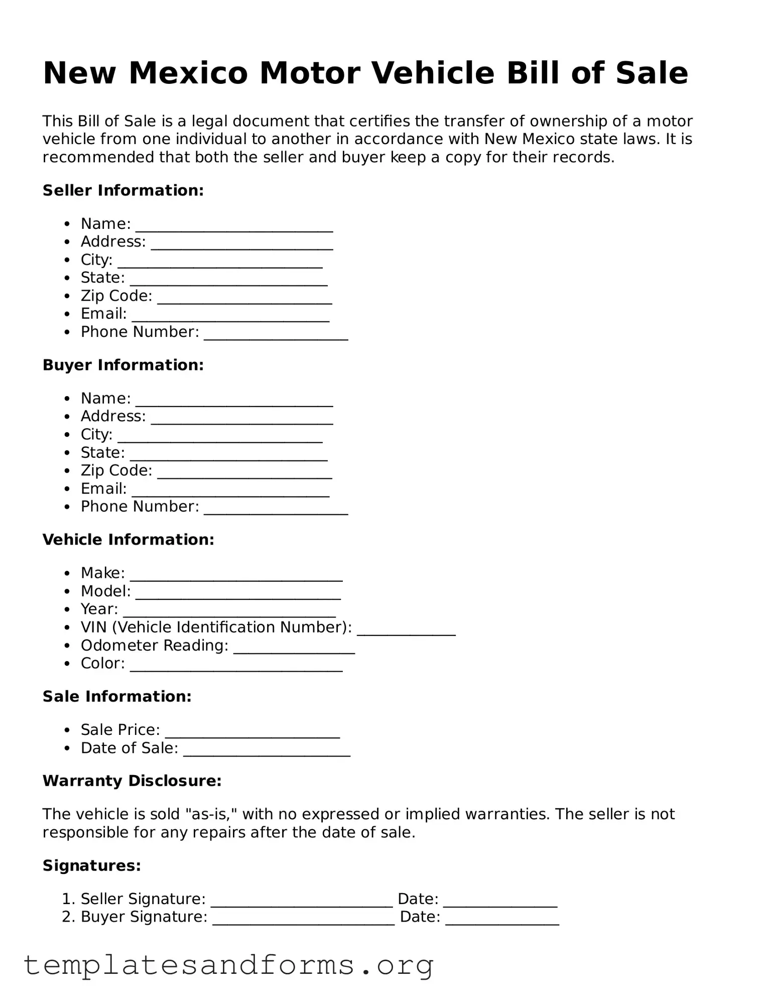 Free Motor Vehicle Bill of Sale Form for the State of New Mexico