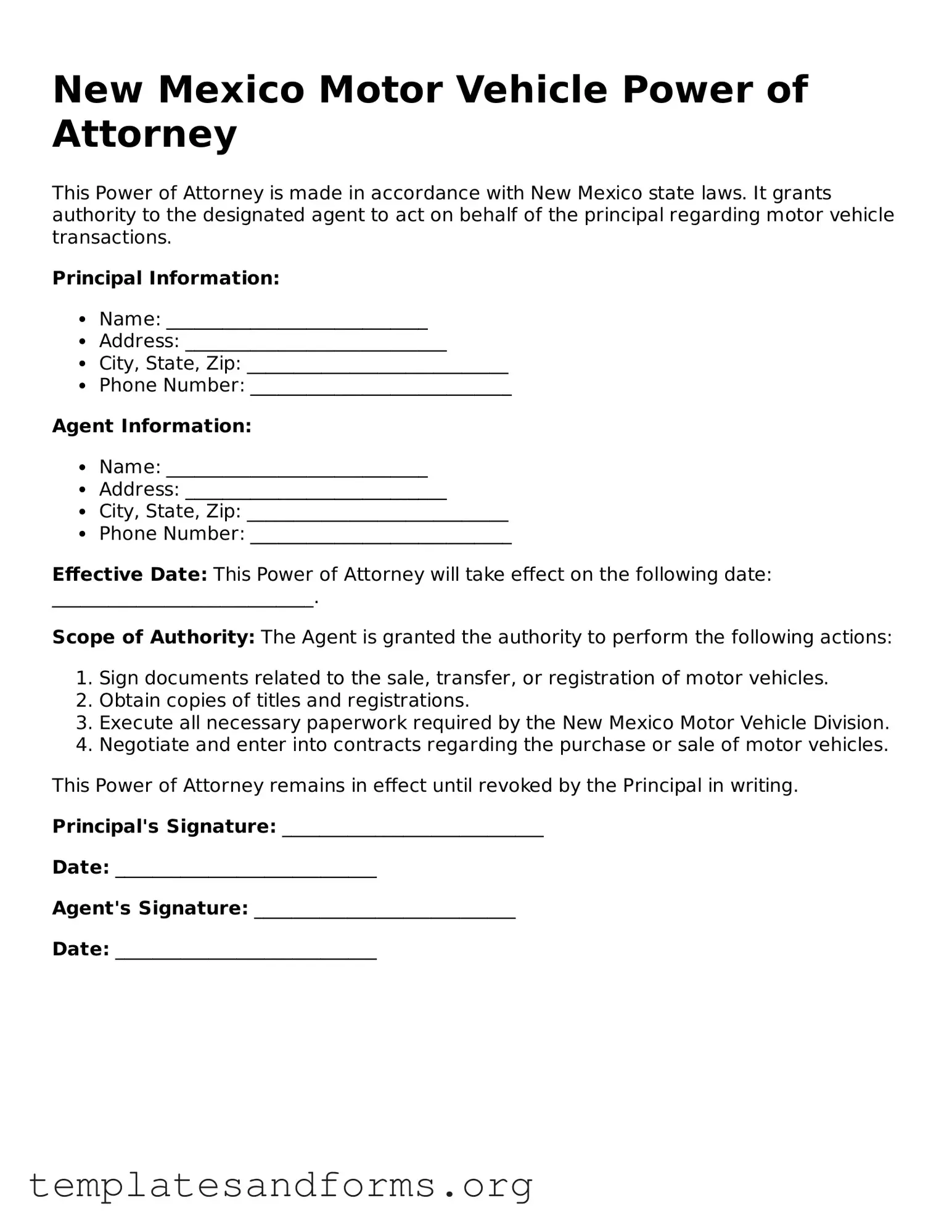 Free Motor Vehicle Power of Attorney Form for the State of New Mexico